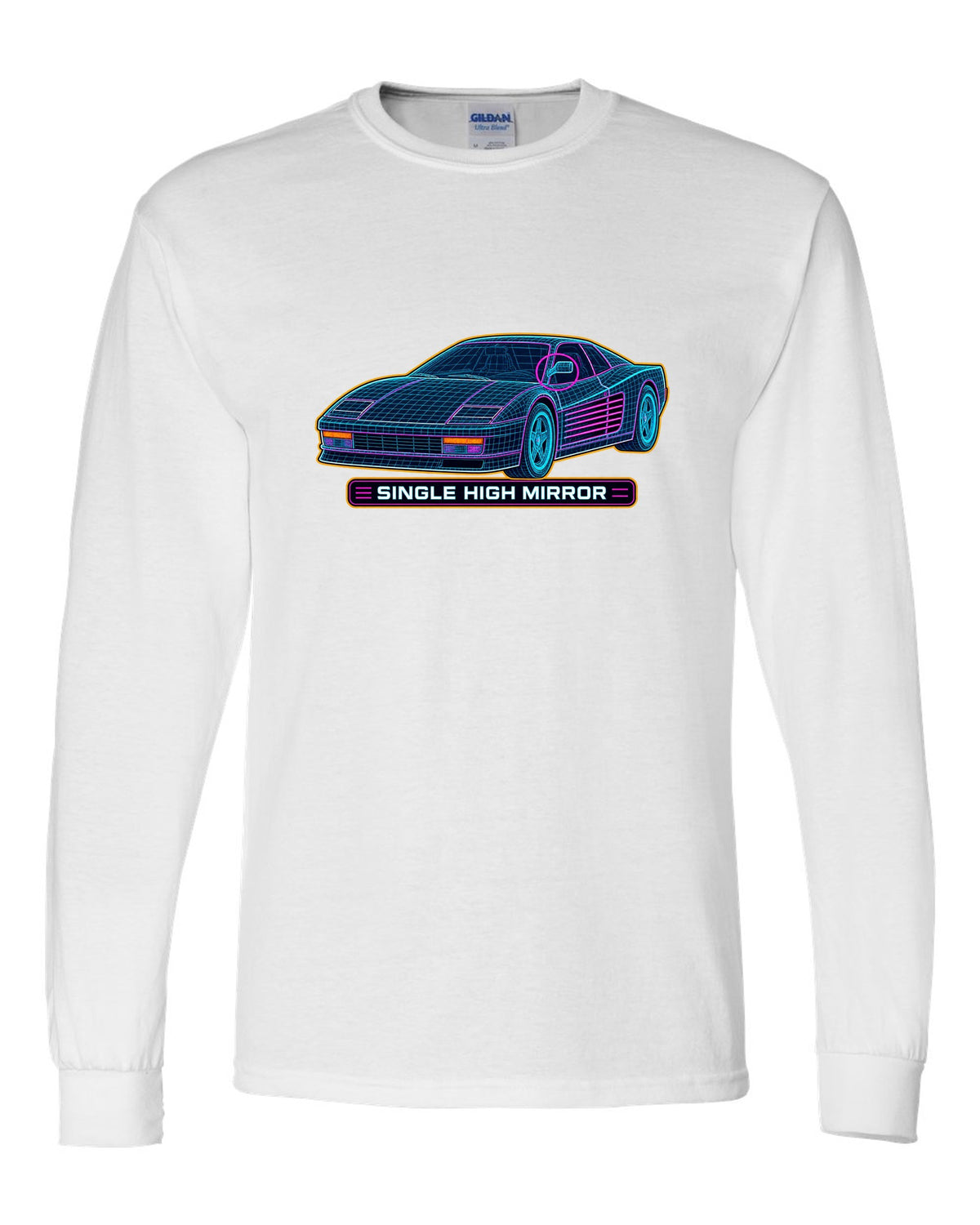 Wireframe CAD mesh print of the Ferrari Testarossa F110 with the text single high mirror white long sleeve front view with the design