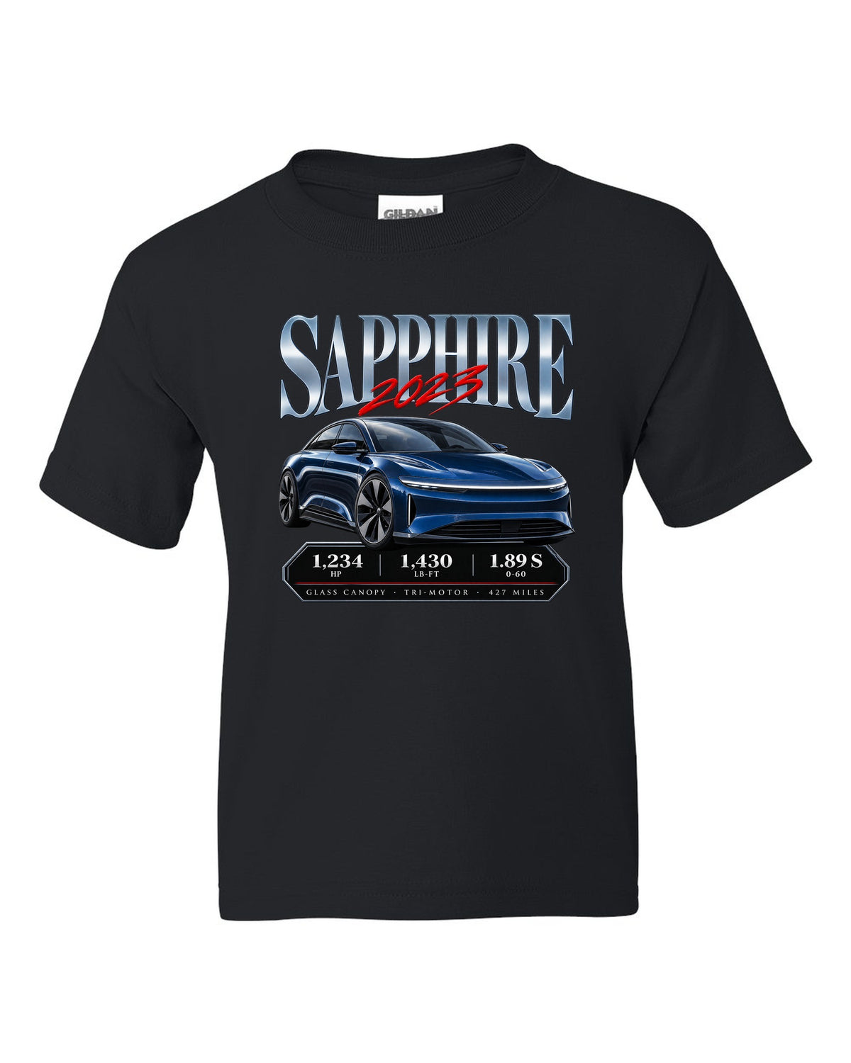 Archive panel print of a 2023 Lucid Air Sapphire with horsepower and range figures black kids tee front view with the design