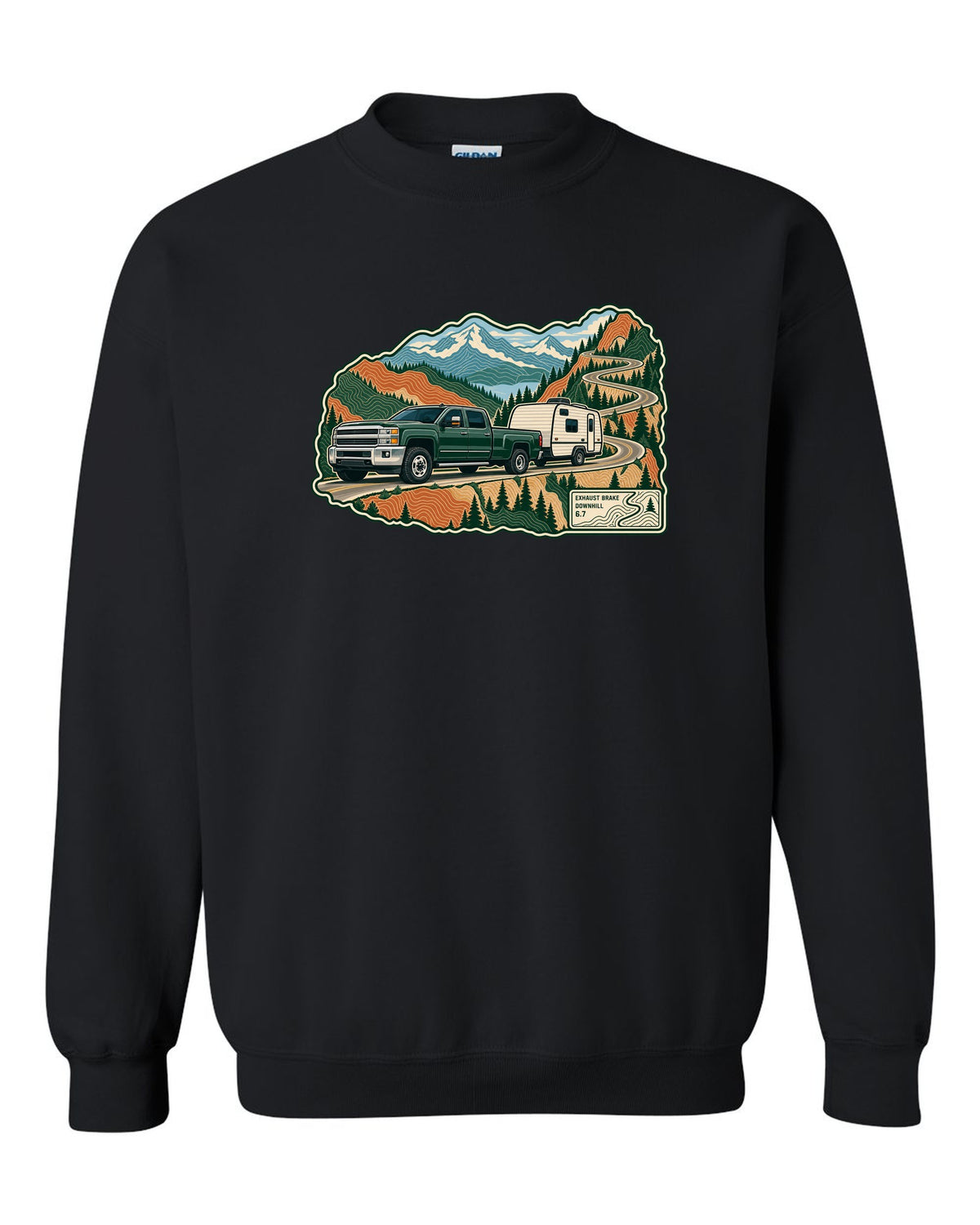 Topographic mountain pass print with a 2010-2018 Ram 2500 6.7 Cummins towing a camper black crewneck front view with the design
