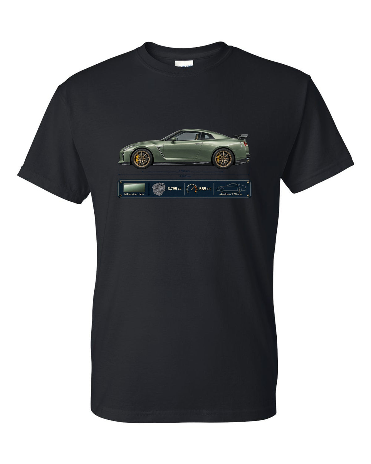 Nissan GT-R R35 T-spec Millennium Jade blueprint print black t-shirt front view with the design
