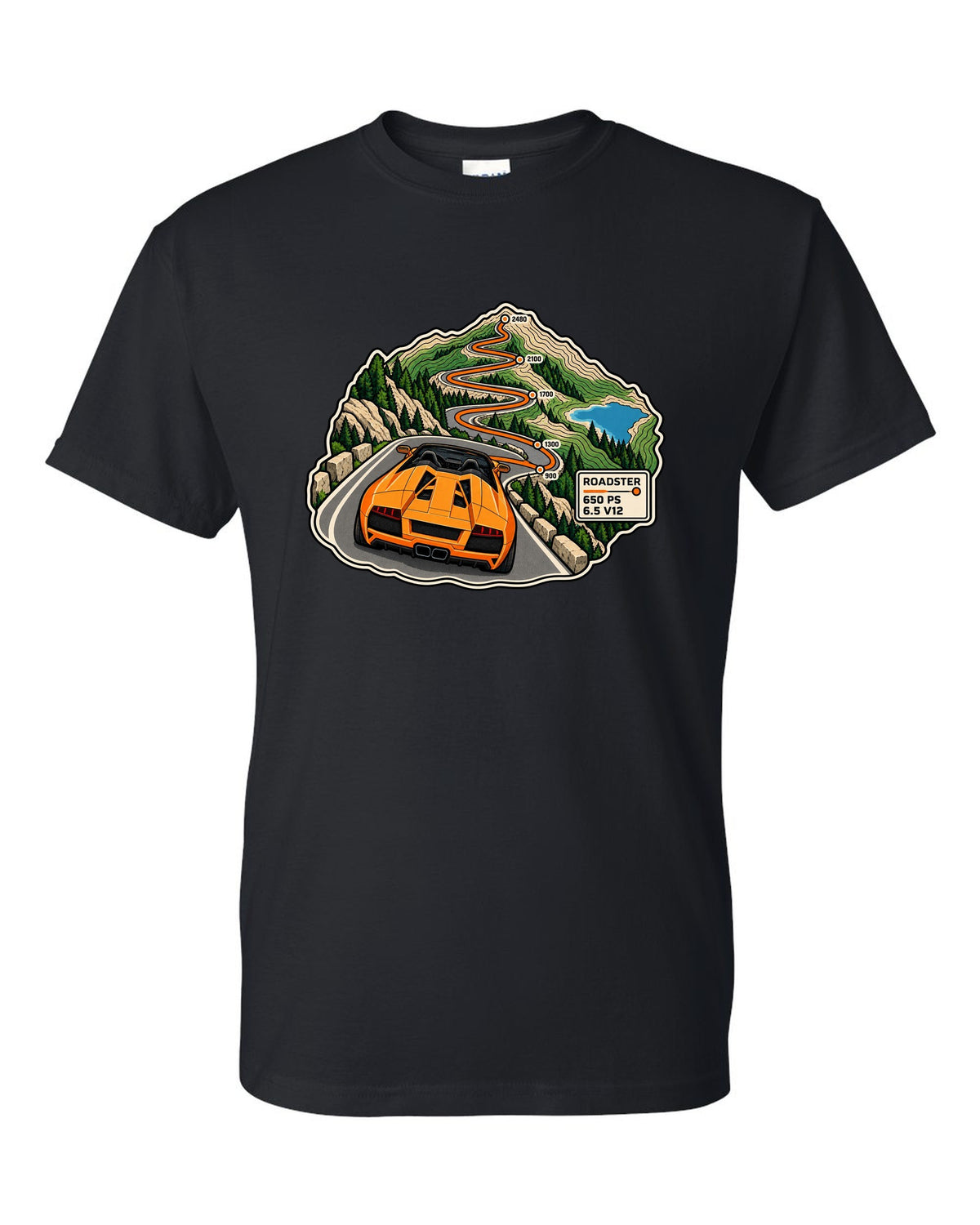 Topographic route map of a 2010 Lamborghini Murcielago LP650-4 Roadster with 650 PS and 6.5 V12 black t-shirt front view with the design