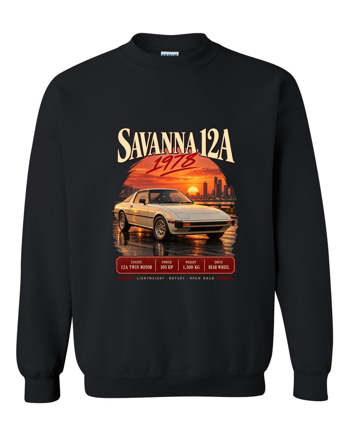 Archive panel print for the Mazda RX-7 SA22C 1978-85 with Savanna 12A and 1,100 kg details black crewneck front view with the design