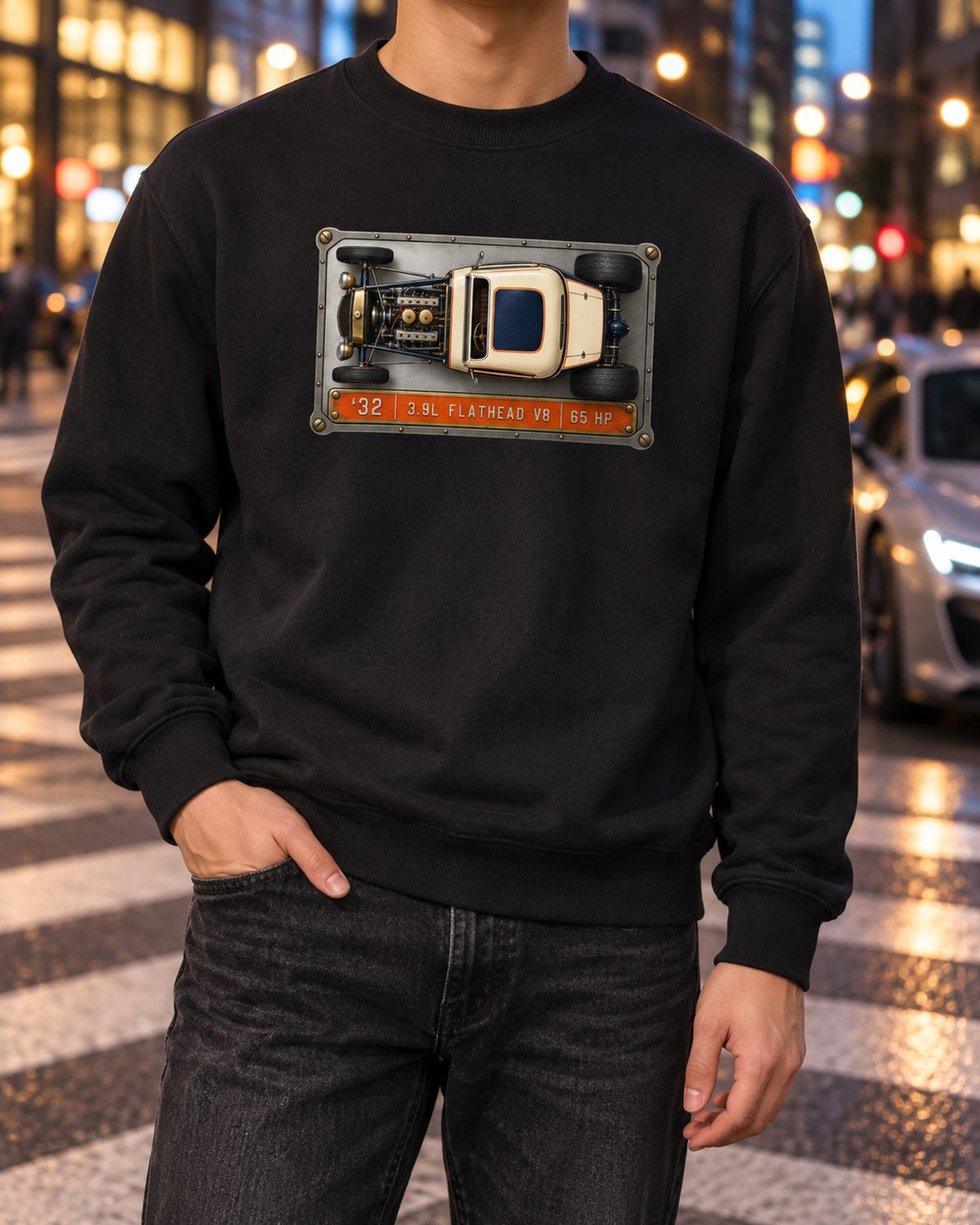 Ford 1932 Deuce Coupe Flathead V8 Data Plate Top-Down Shirt Crewneck Black worn hero