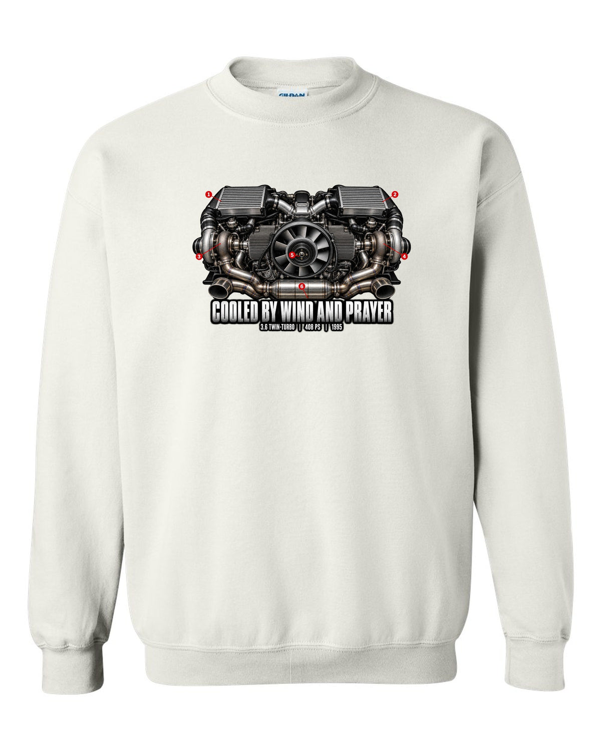 Engine hero print of the Porsche 911 Turbo (993) air-cooled twin-turbo flat-six with the line Cooled By Wind And Prayer white crewneck front view with the design
