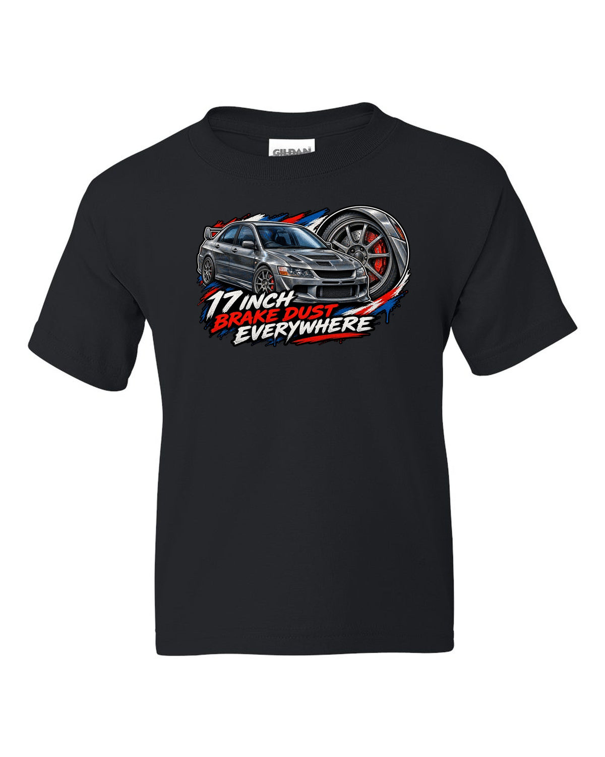 Painterly close-up of a grey spoke wheel on a Mitsubishi Evo VIII CT9A with 17 inch brake dust text black kids tee front view with the design