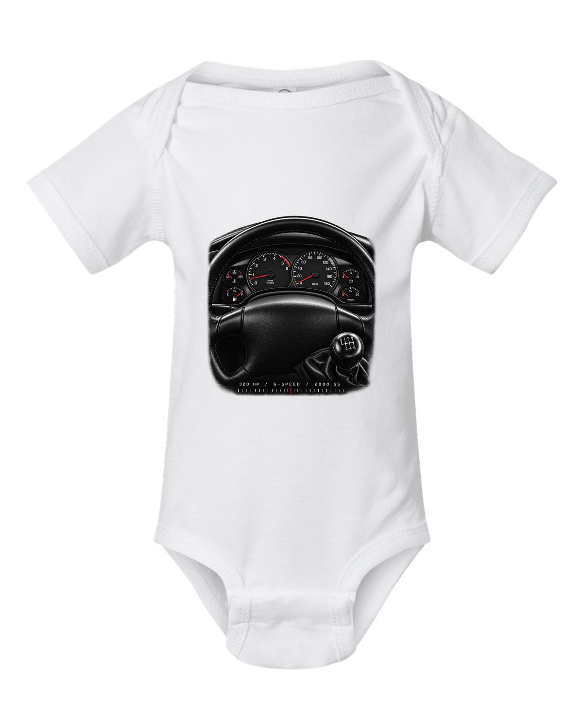Gauge cluster print of a 2000 fourth-gen Chevrolet Camaro SS with 320 hp and 6-speed text white baby onesie front view with the design