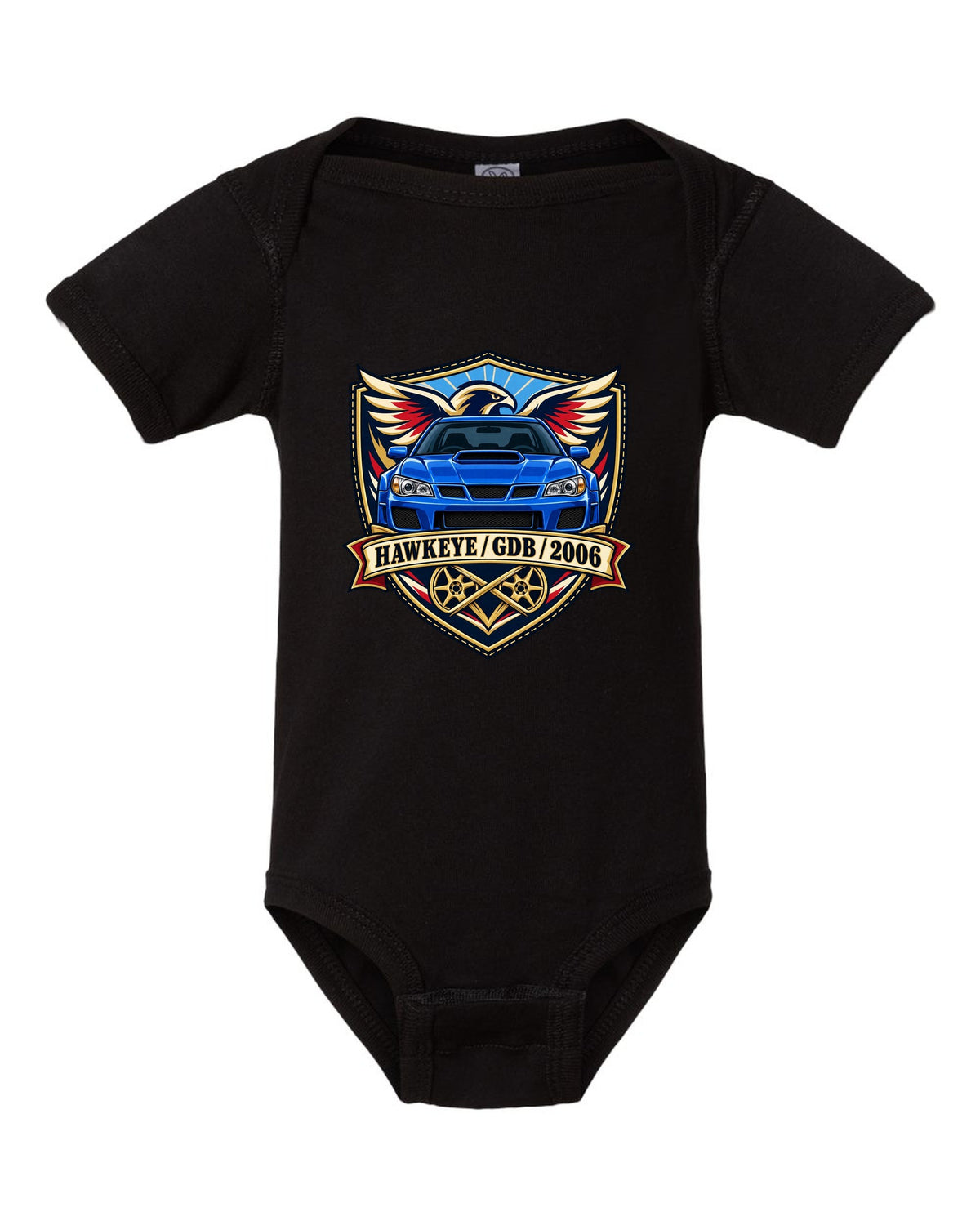 Subaru Impreza WRX STI GDB Hawkeye varsity crest print reading HAWKEYE / GDB / 2006 black baby onesie front view with the design