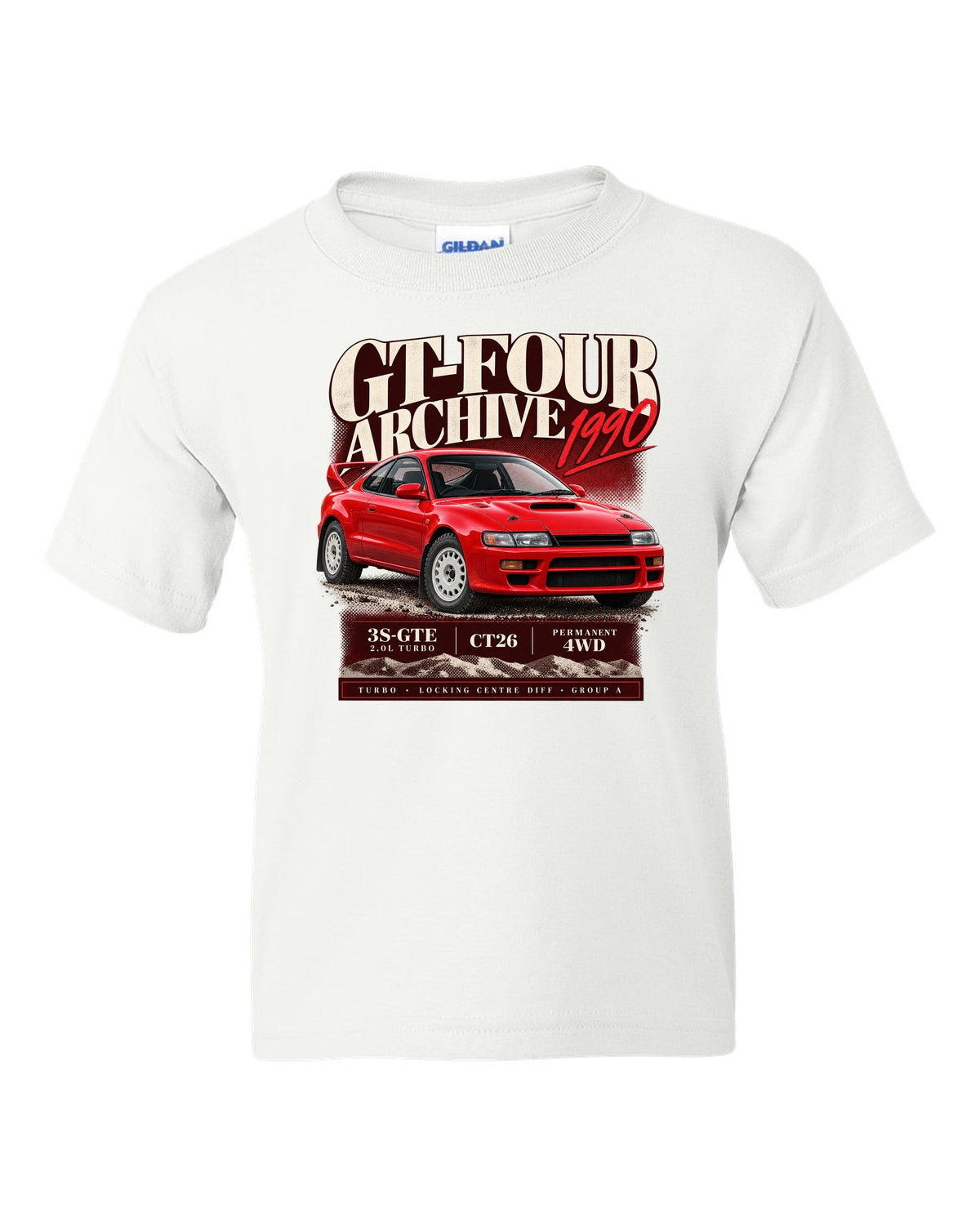 Archive panel print of a Toyota Celica GT-Four ST185 with 3S-GTE, CT26 and Group A text white kids tee front view with the design