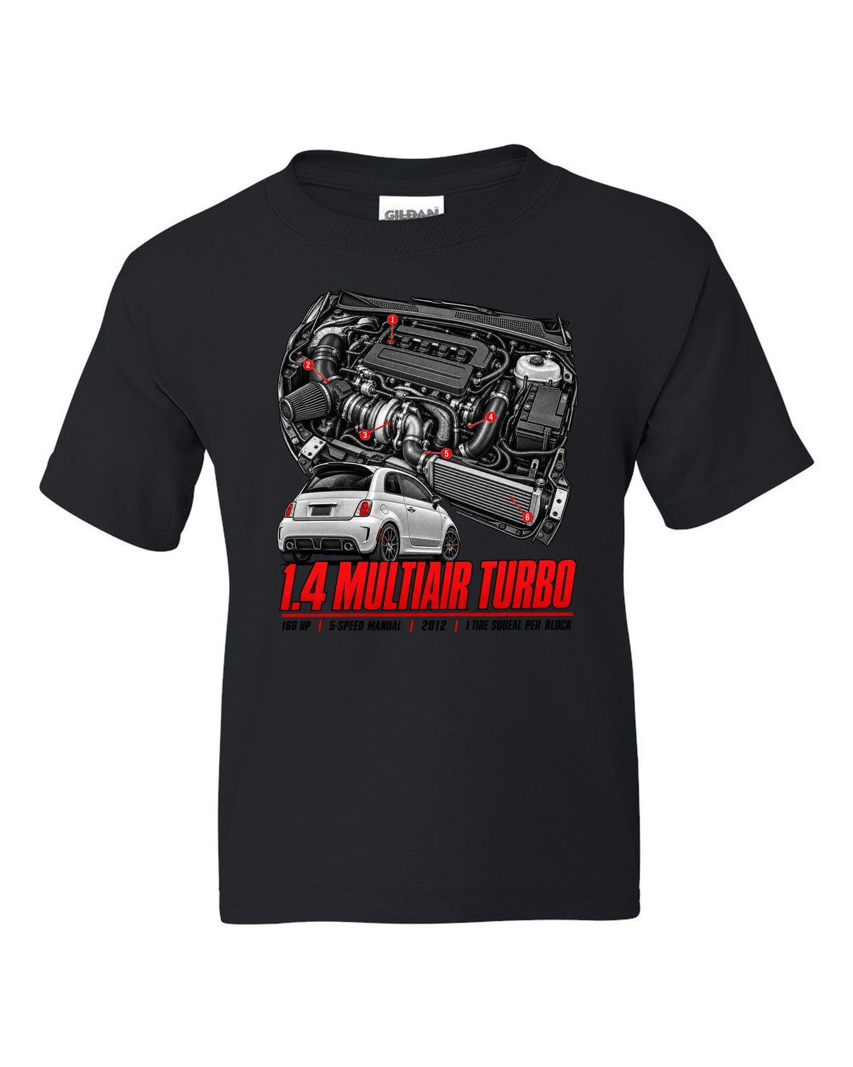 Fiat 500 Abarth engine bay hero poster with 1.4 MultiAir turbo figures black kids tee front view with the design
