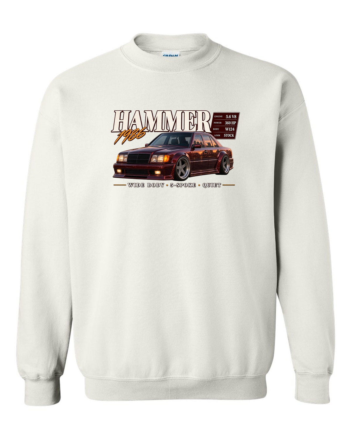 print archive panel of a Mercedes W124 300E 5.6 Hammer with text 5.6 V8 sleeper wide body white crewneck front view with the design
