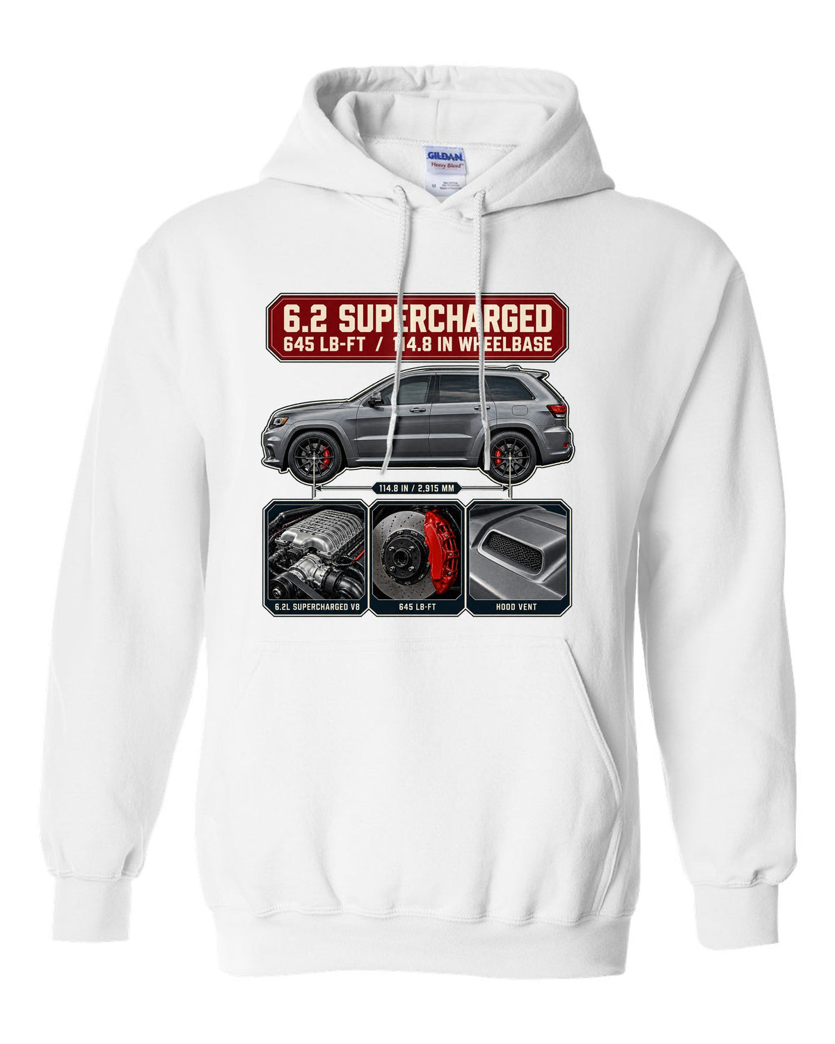 Dossier panel print of the Jeep Grand Cherokee Trackhawk WK2 with engine and torque white pull over hoodie front view with the design