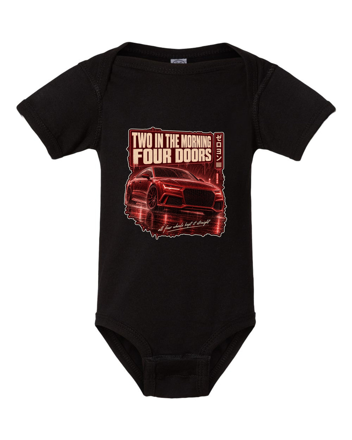 Audi RS7 Sportback C7 on a rainy night street print black baby onesie front view with the design