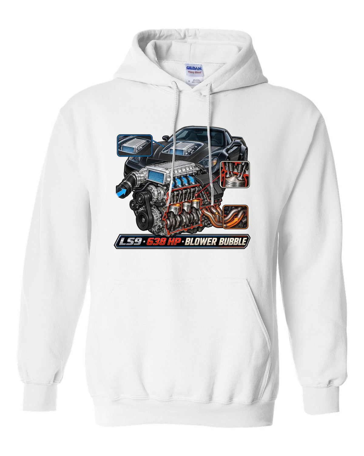 Cutaway engine print of the LS9 supercharger in a 2009 Chevrolet Corvette C6 ZR1 with 638 HP text white pull over hoodie front view with the design