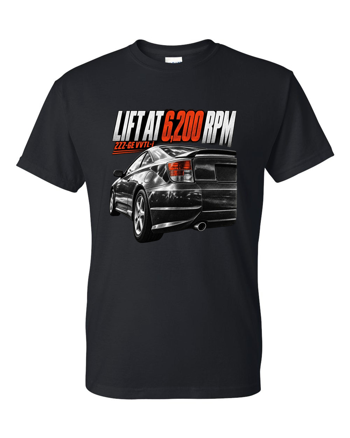 Taillight macro print of a Toyota Celica T230 ZZT231 with Lift At 6,200 RPM and 2ZZ-GE VVTL-i text black t-shirt front view with the design