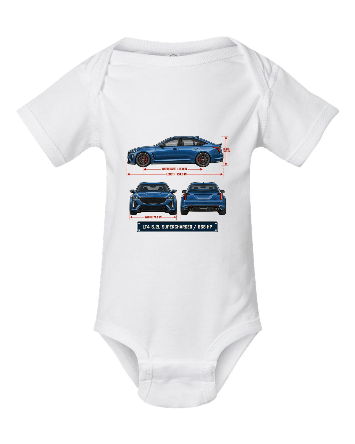 Dimension blueprint print of a Cadillac CT5-V Blackwing sedan white baby onesie front view with the design