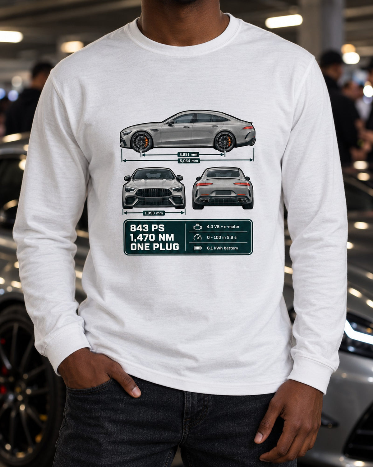 AMG GT 63 S E Performance 4-Door Three-View Spec Table Shirt Long Sleeve White worn hero