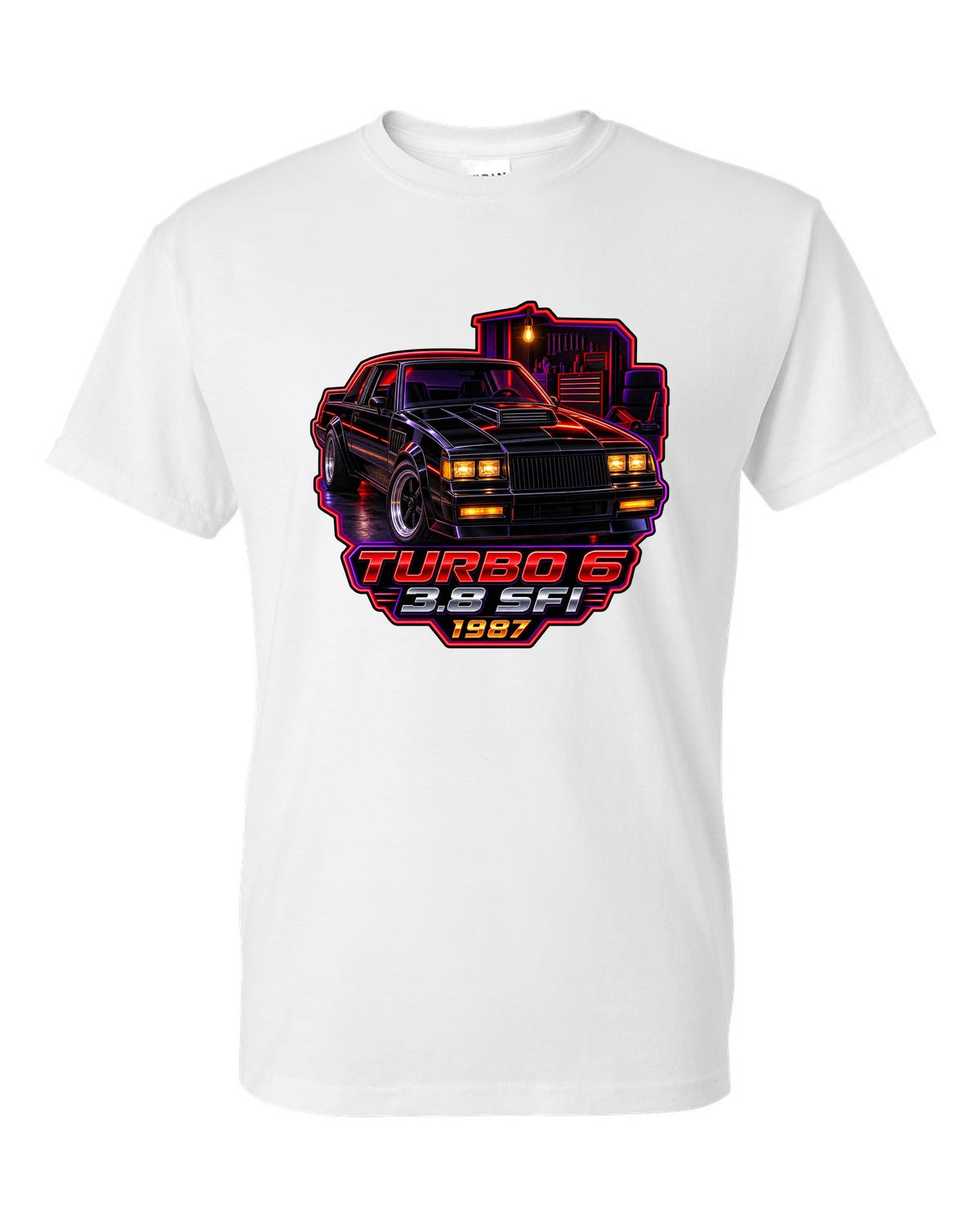 1987 Buick Regal turbo coupe in a neon-lit night garage white t-shirt front view with the design