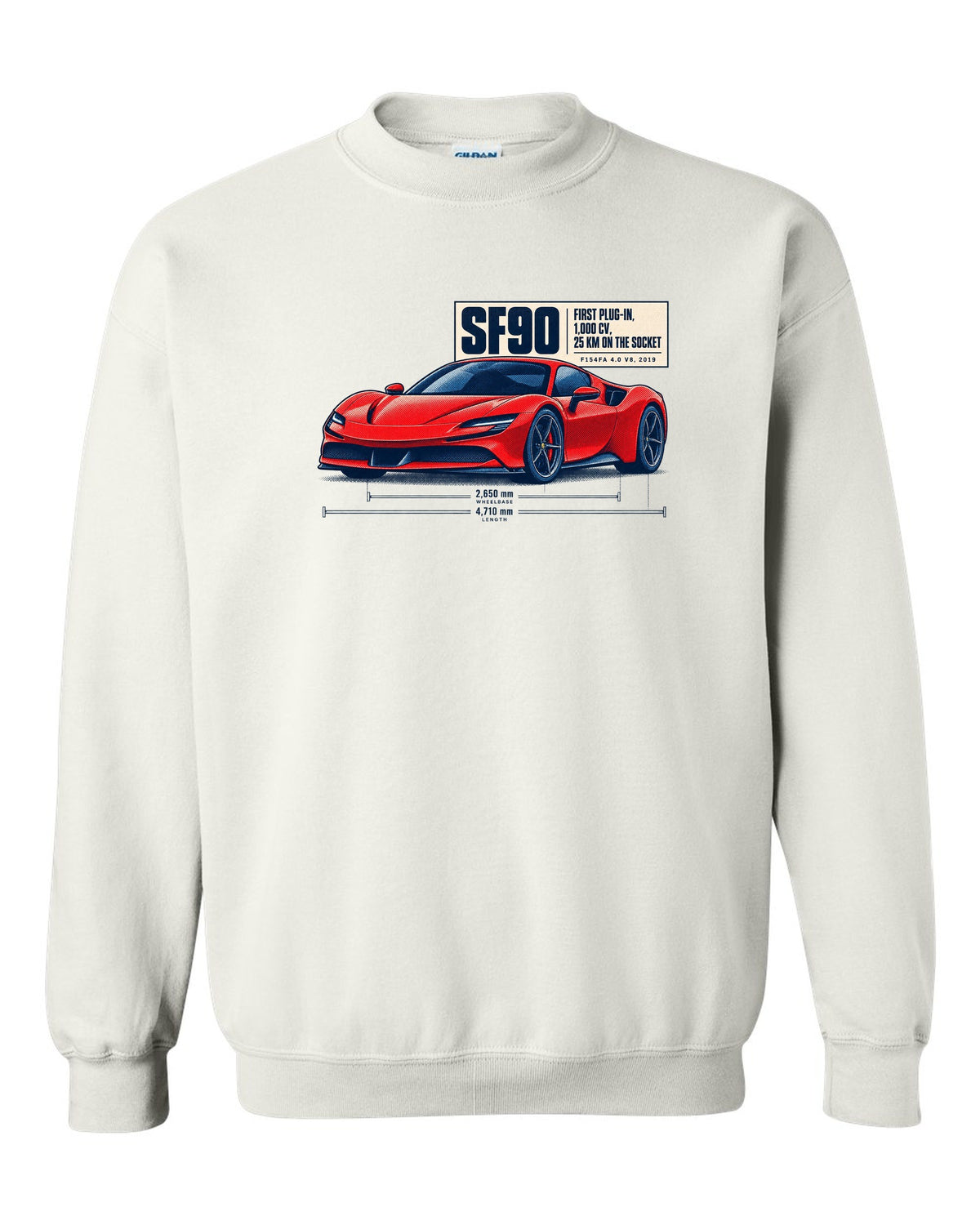 Ferrari SF90 Stradale halftone print with first plug-in, 1,000 CV text white crewneck front view with the design