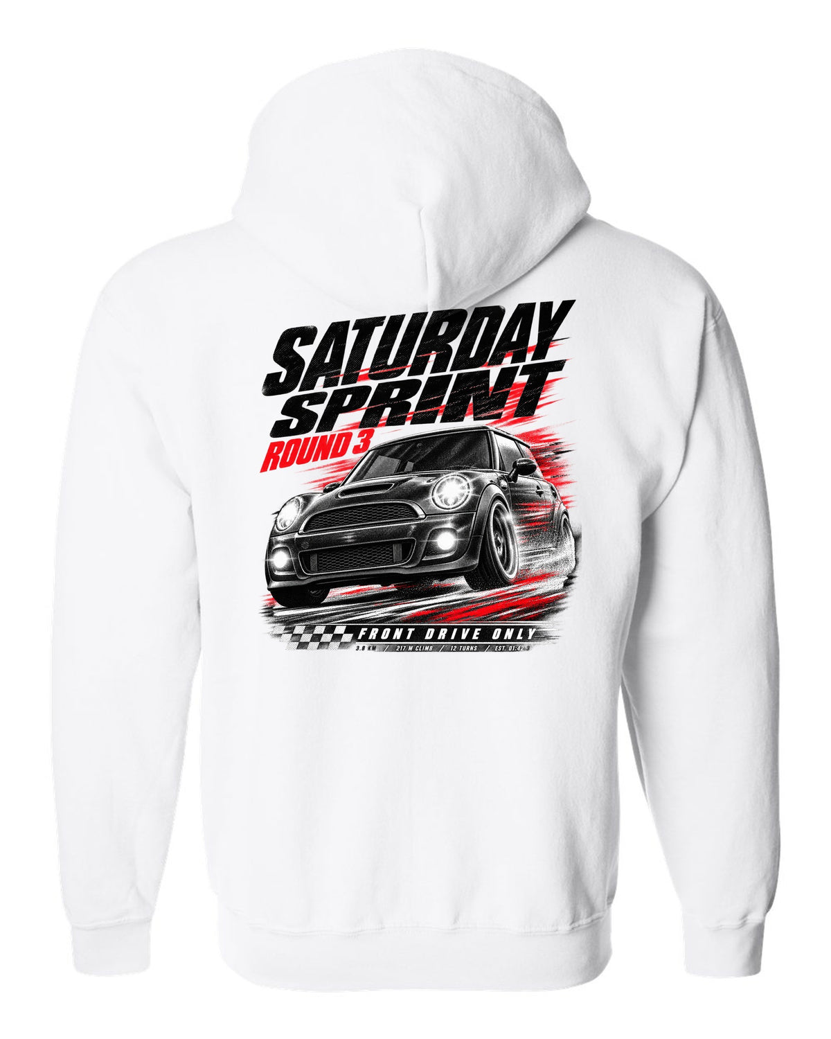 Race poster print of a Mini Cooper JCW R56 front three-quarter at a Saturday sprint round three white zip hoodie back view with the design