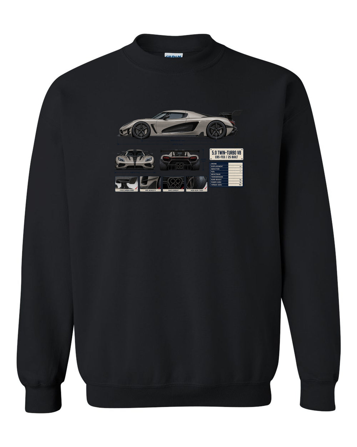 Three-view and spec table print of the Koenigsegg Agera RS with the text 5.0 twin-turbo V8, E85-fed, 25 built black crewneck front view with the design