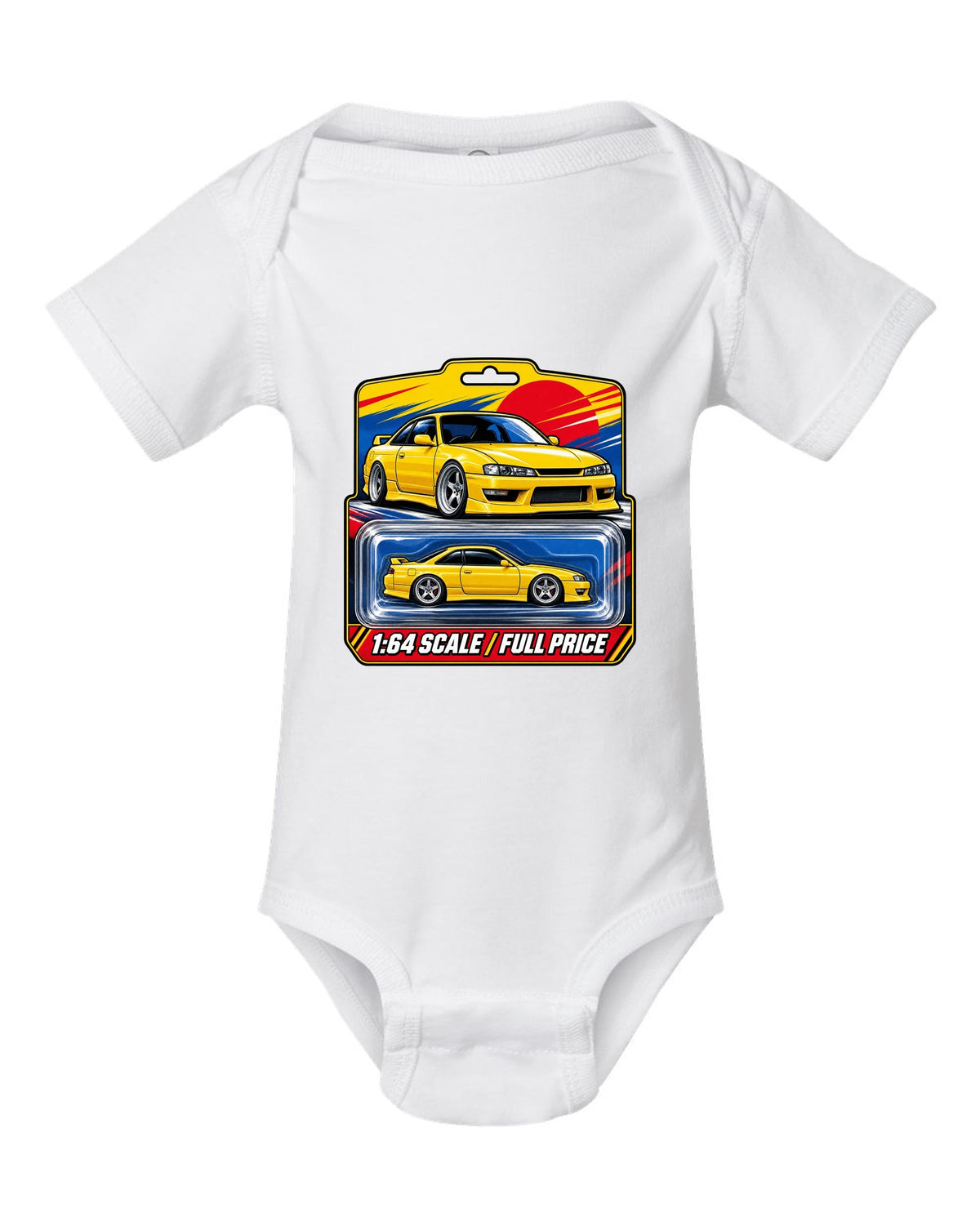 Toy blister card layout print of a Nissan Silvia S14 with 1:64 scale full price text white baby onesie front view with the design
