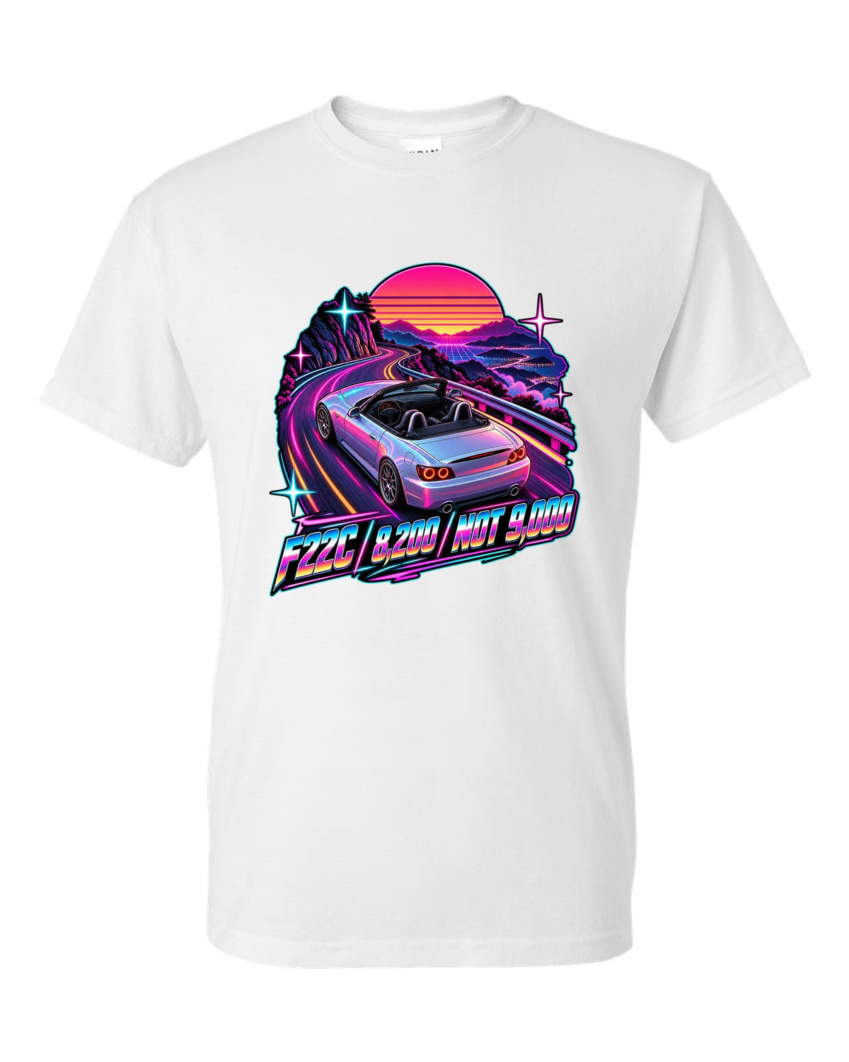 Neon synthwave print of a 2004 Honda S2000 AP2 roadster with F22C 8,200 Not 9,000 lettering white t-shirt front view with the design