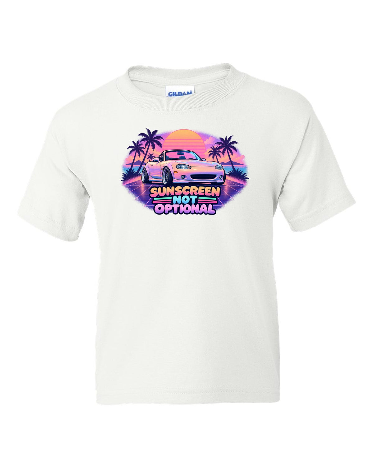 Vaporwave pastel print of a Mazda MX-5 NB Miata with the roof down and the text Sunscreen Not Optional white kids tee front view with the design