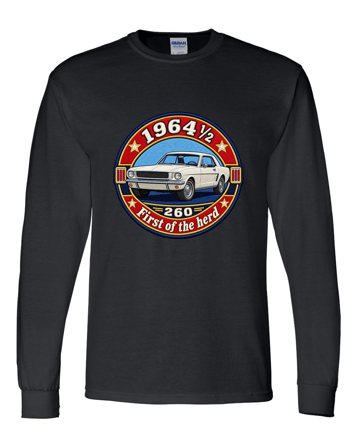 Varsity crest design of a 1964½ Ford Mustang coupe with 260 lettering black long sleeve front view with the design