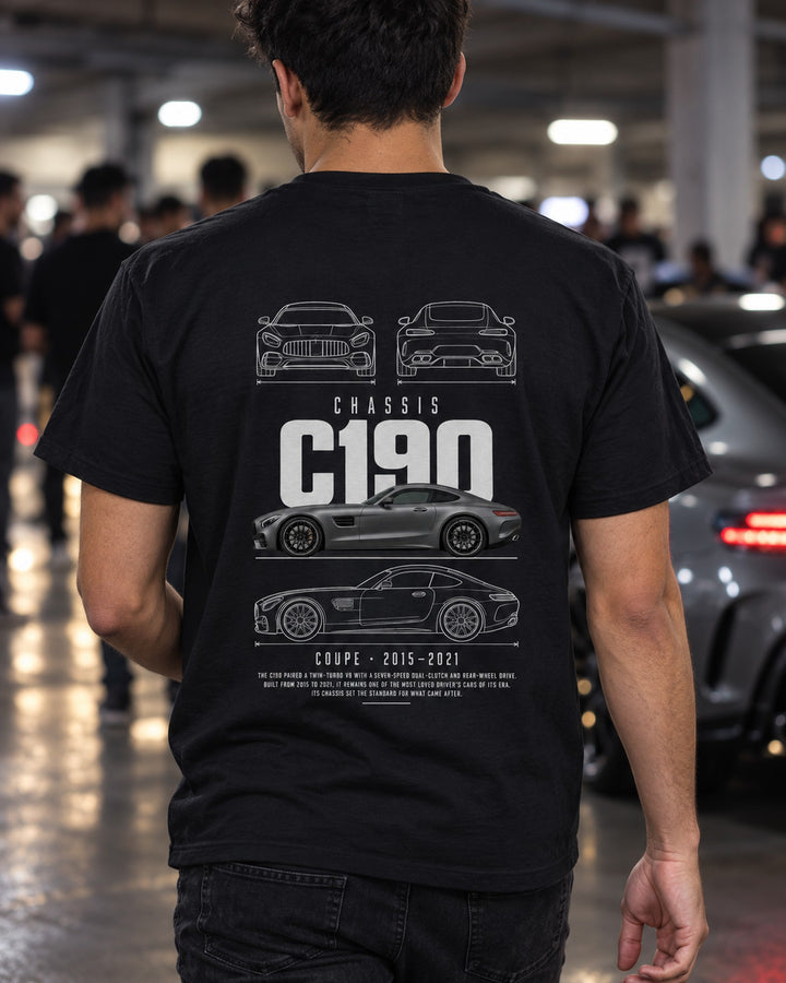 Mercedes AMG GT coupe Blueprint Full-Back Graphic Tee, C190 Chassis Code T-Shirt Black worn hero