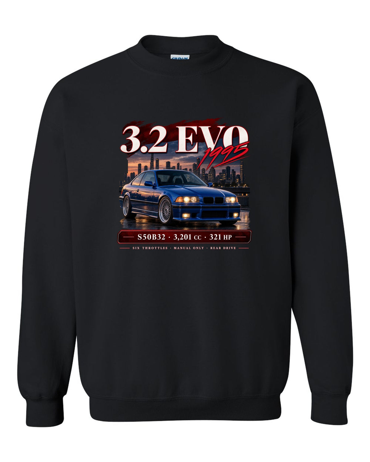 BMW E36 M3 3.2 Evo coupe archive panel print with S50B32 and 321 HP text black crewneck front view with the design