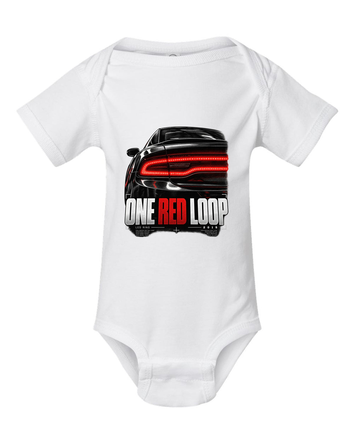 Macro print of a 2015 Dodge Charger LX/LD red LED ring taillight white baby onesie front view with the design