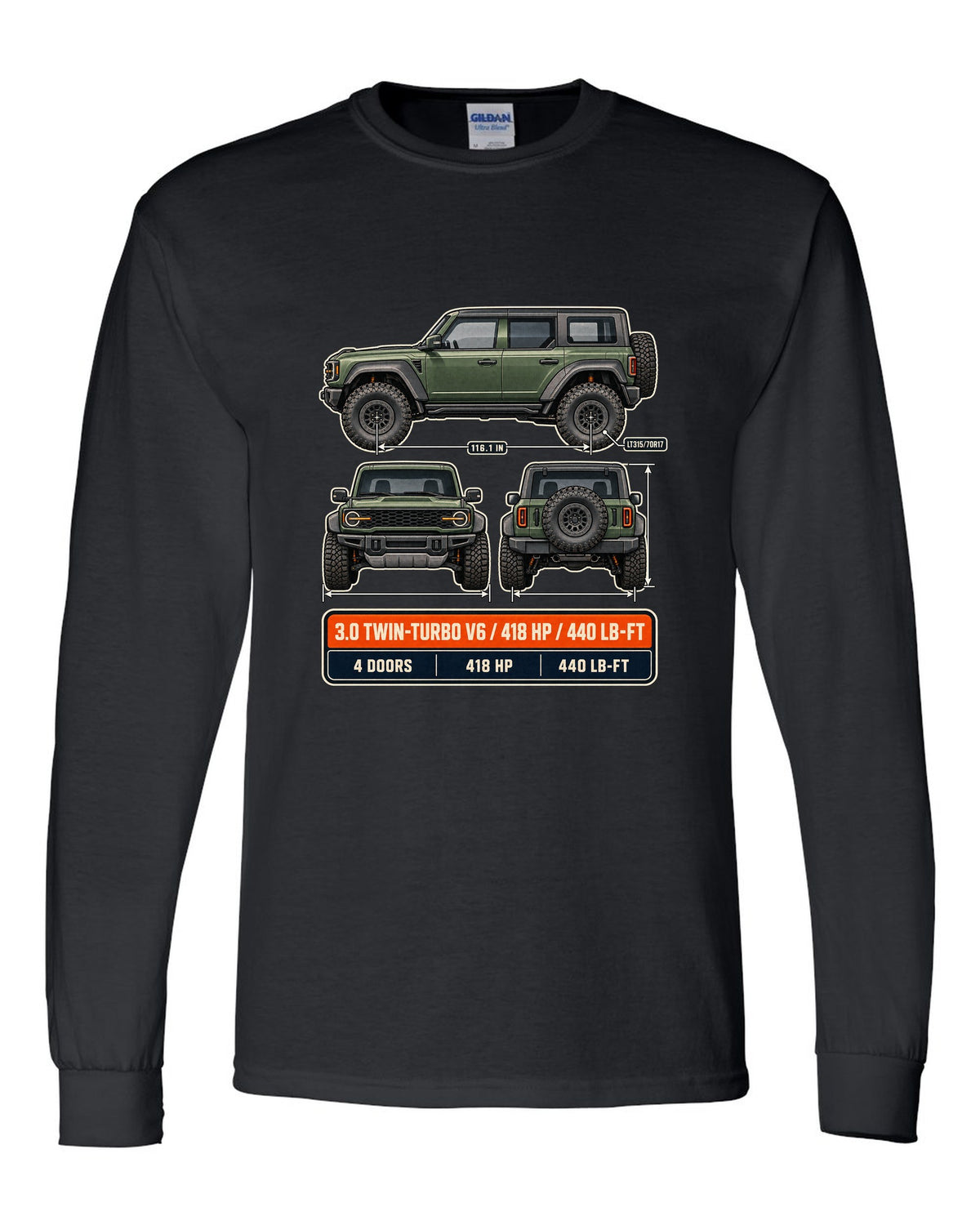 Ford Bronco Raptor three-view drawing with spec table print black long sleeve front view with the design