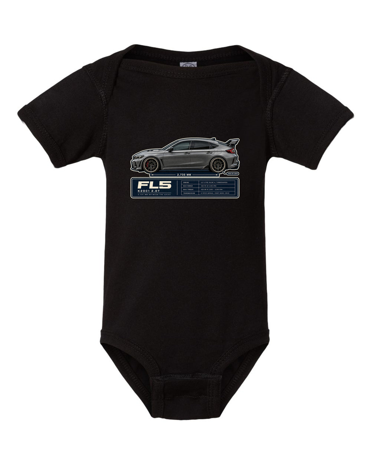 Honda Civic Type R FL5 Wheelbase Blueprint black baby onesie front view with the design