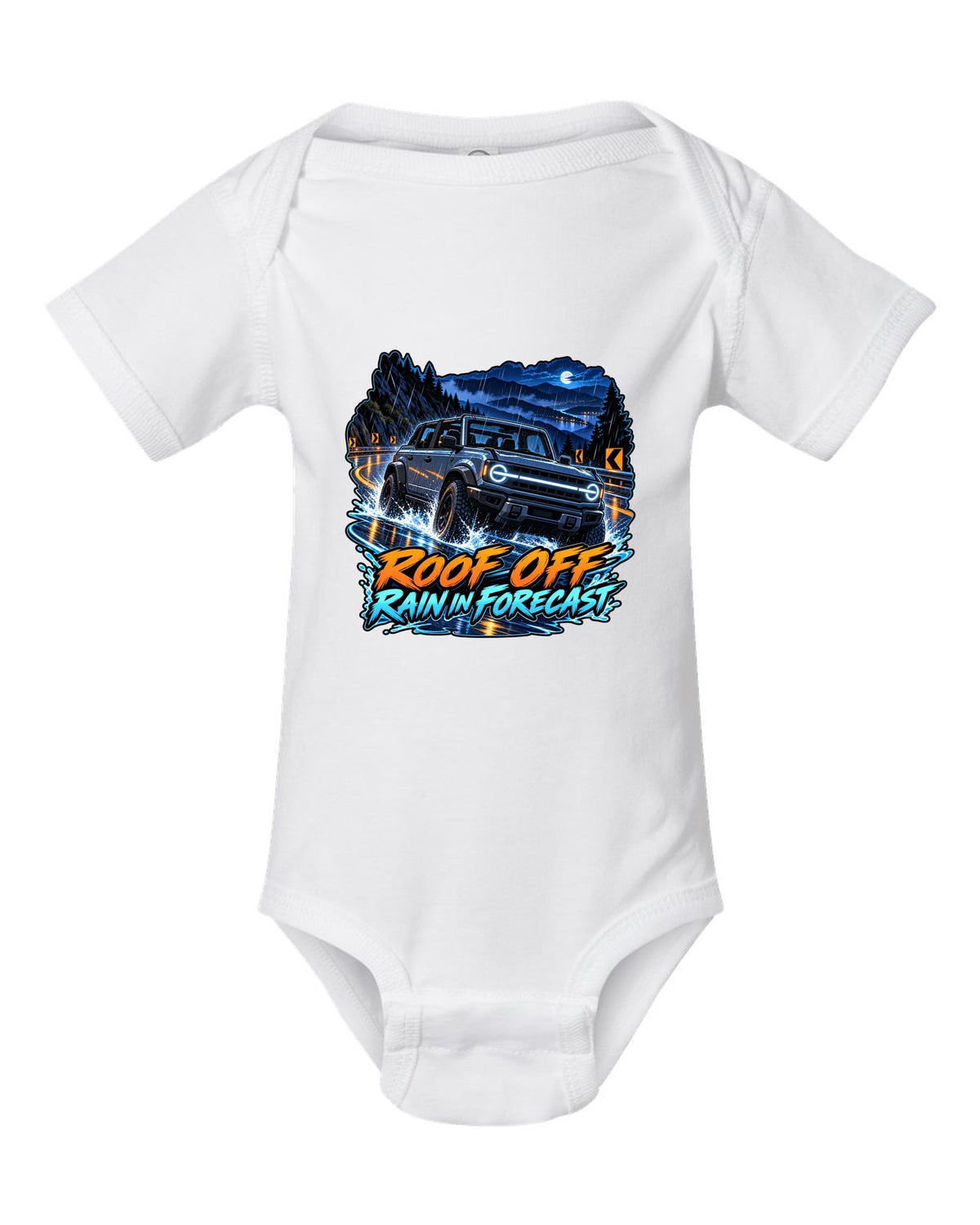 Cel-shaded anime night garage print of a 2021 Ford Bronco 4-door 6G with roof off white baby onesie front view with the design