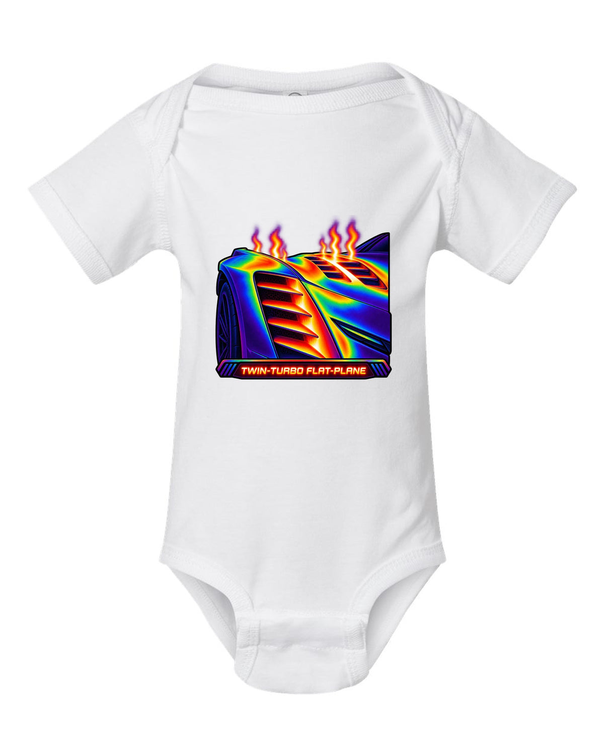 Infrared thermal gradient print of a fender vent on a 2025 Chevrolet Corvette C8 ZR1 with Twin-Turbo Flat-Plane text white baby onesie front view with the design