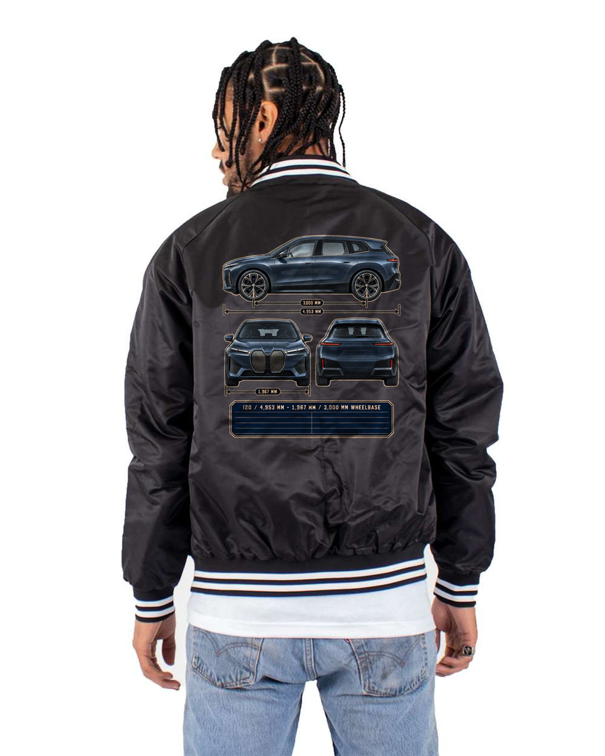 BMW iX M60 I20 Three-View Spec Table Shirt, Car Gift Bomber Jacket Black back