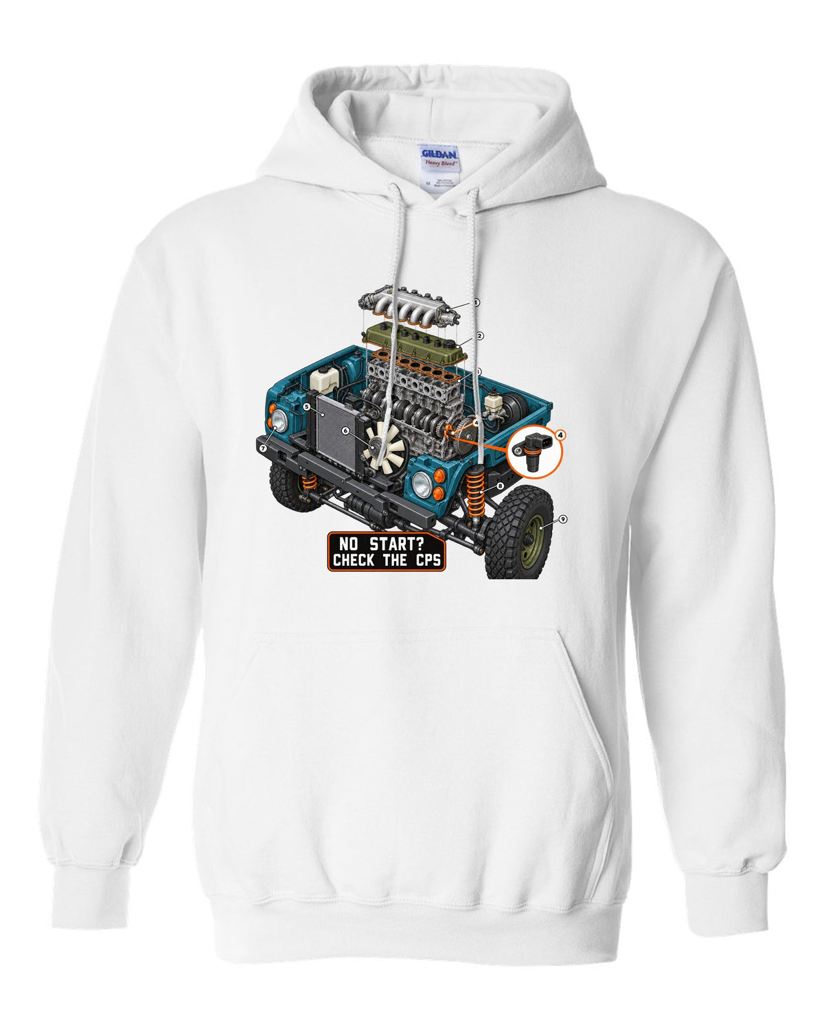 Exploded cutaway engine print of a Jeep Wrangler TJ with check the CPS text white pull over hoodie front view with the design