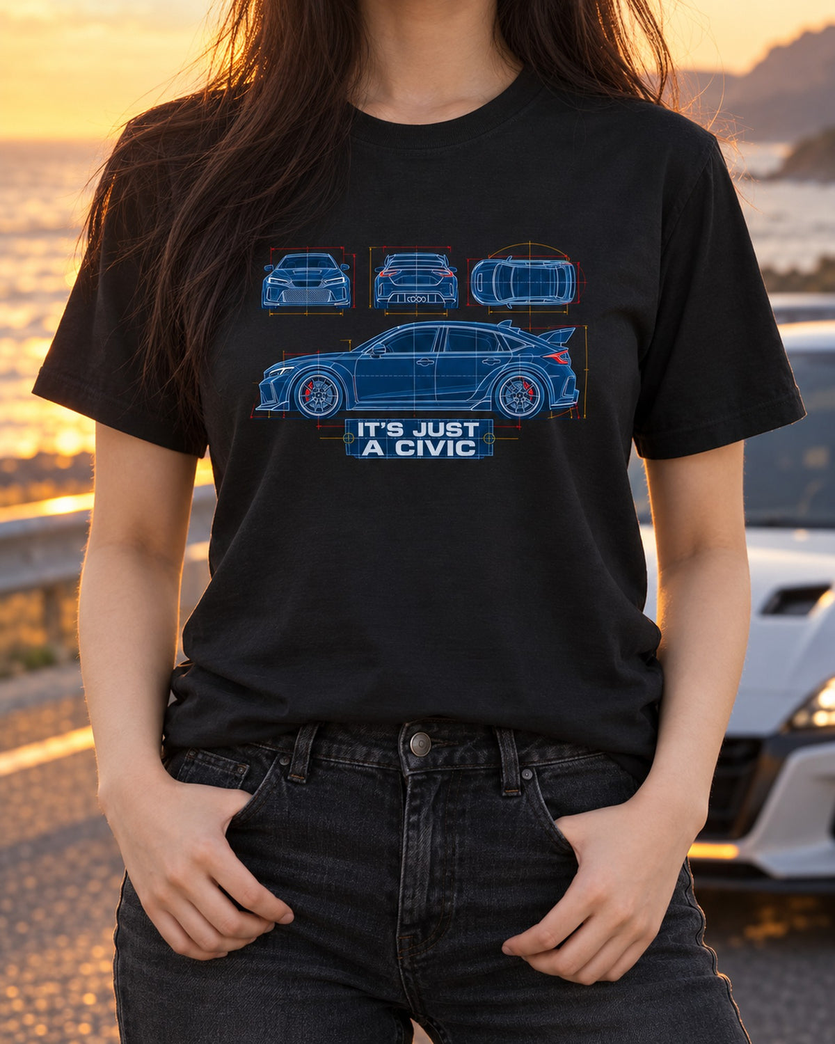 Honda Civic FL5 Cyanotype Blueprint Shirt, It's Just a Civic T-Shirt Black worn hero