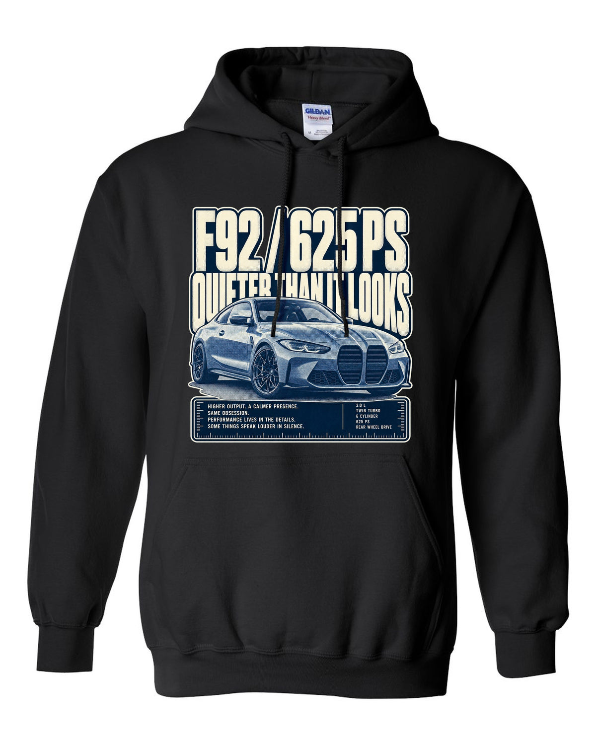 BMW M8 Competition F92 halftone statement print on a tee black pull over hoodie front view with the design