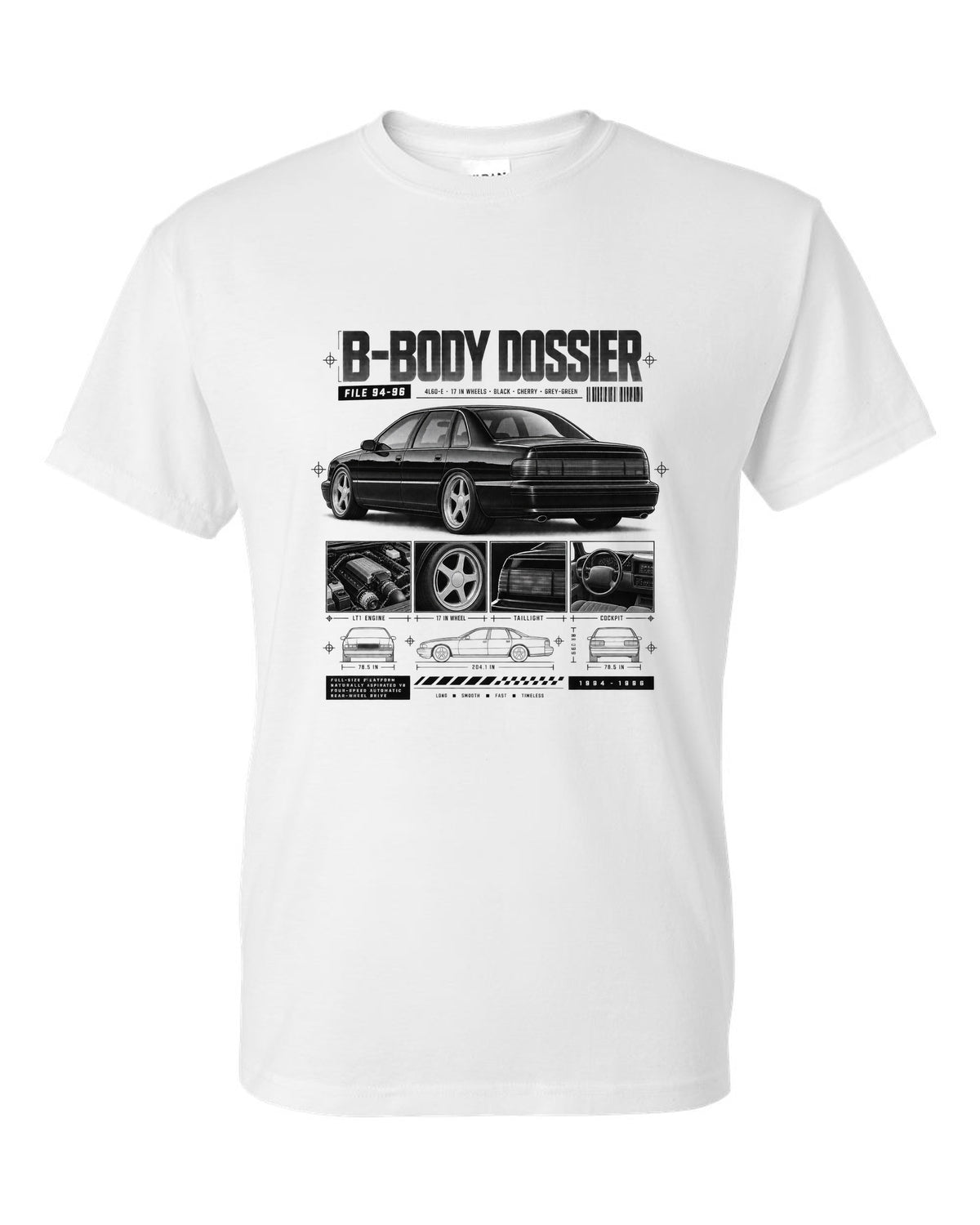 1994-96 Impala SS B-body dossier panels print with 4L60-E and wheel notes white t-shirt front view with the design