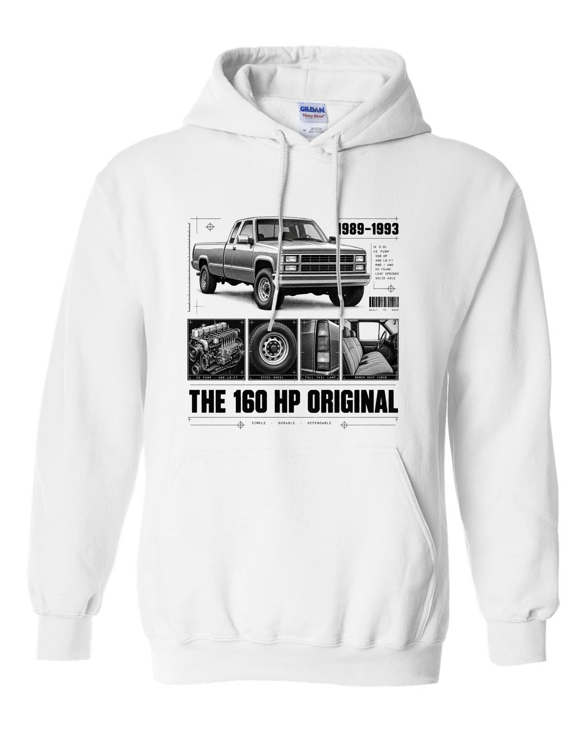 Dossier print of a 1989-93 Dodge D250 1st gen Cummins with VE pump and torque figures white pull over hoodie front view with the design