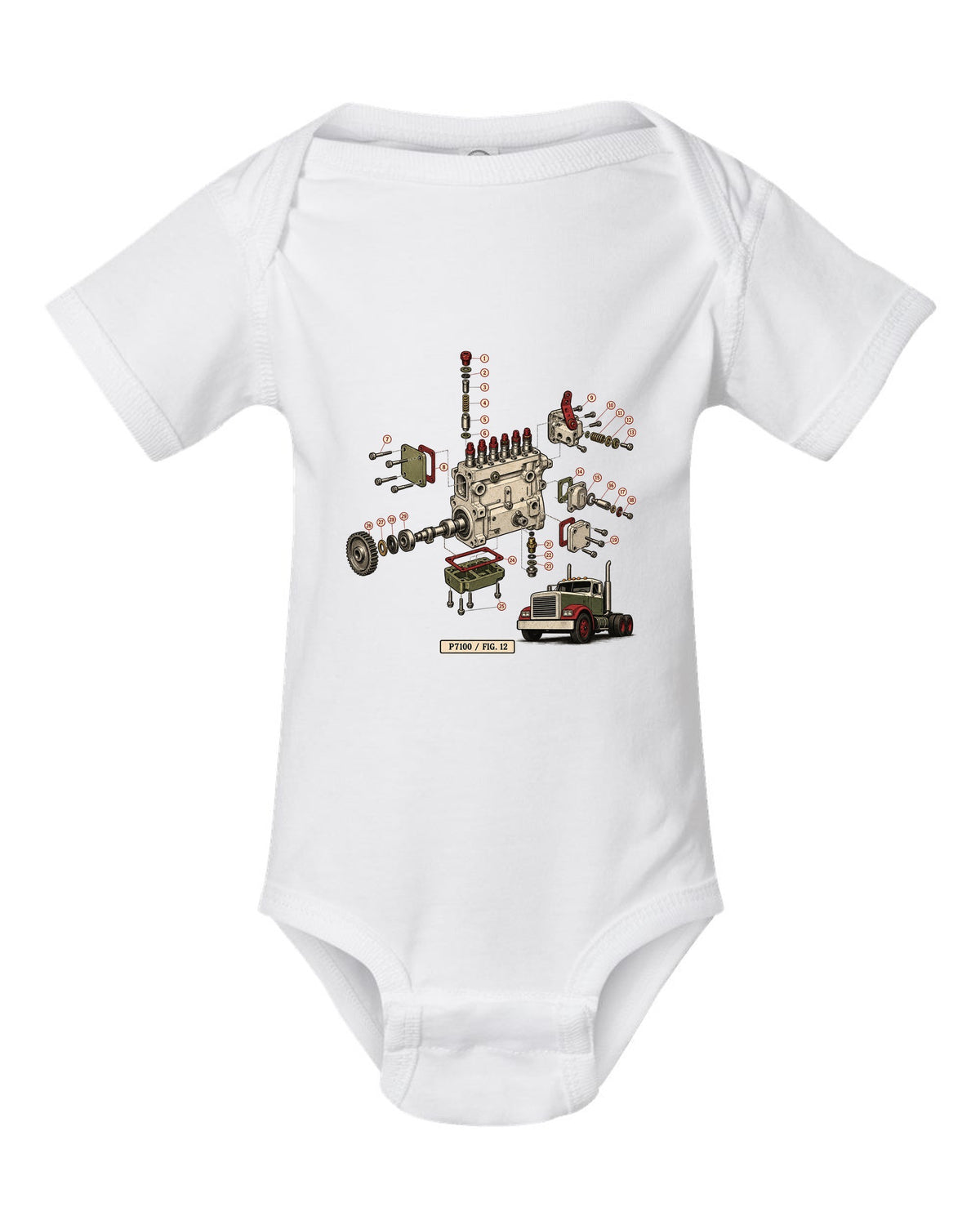 Vintage service-manual exploded diagram print of a Bosch P7100 injection pump from a 1994-1998 Ram 12V white baby onesie front view with the design