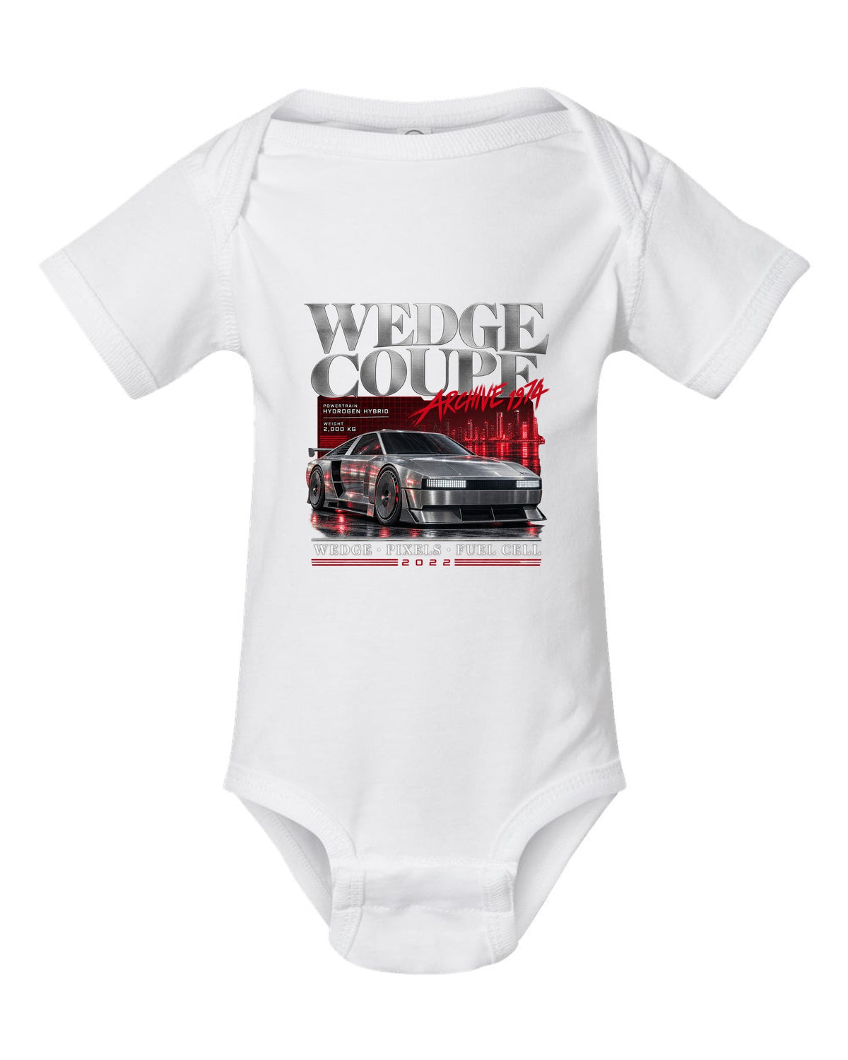 Hyundai N Vision 74 archive panel print with wedge coupe and hydrogen hybrid text white baby onesie front view with the design