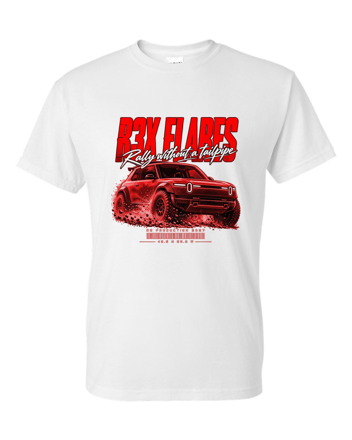 Rally street poster print of a 2027 Rivian R3X with flared arches white t-shirt front view with the design