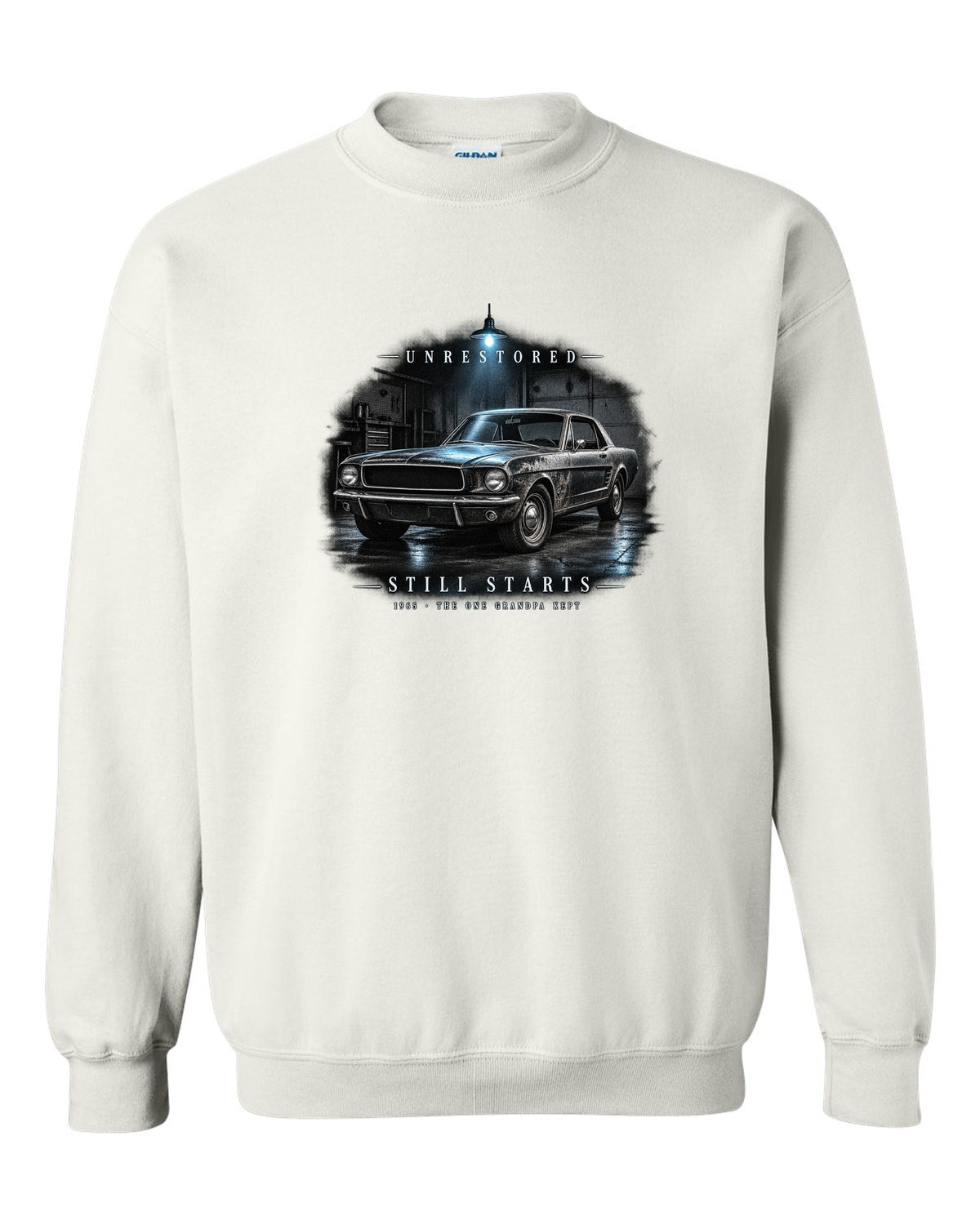 Garage night illustration of a white 1965 Ford Mustang coupe with unrestored still starts lettering white crewneck front view with the design
