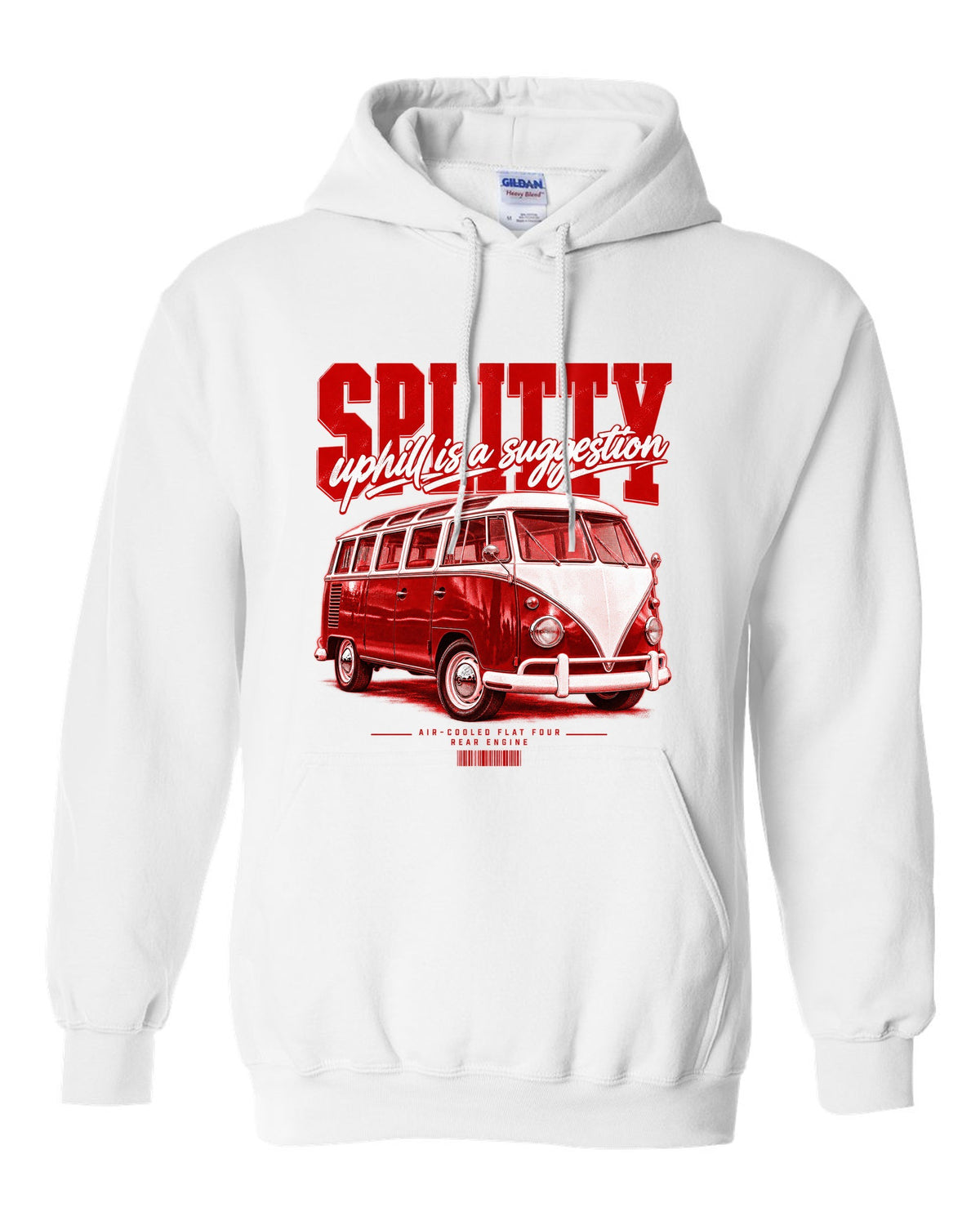 Street poster print of a 1963 VW T1 split-window bus with air-cooled flat-four text white pull over hoodie front view with the design