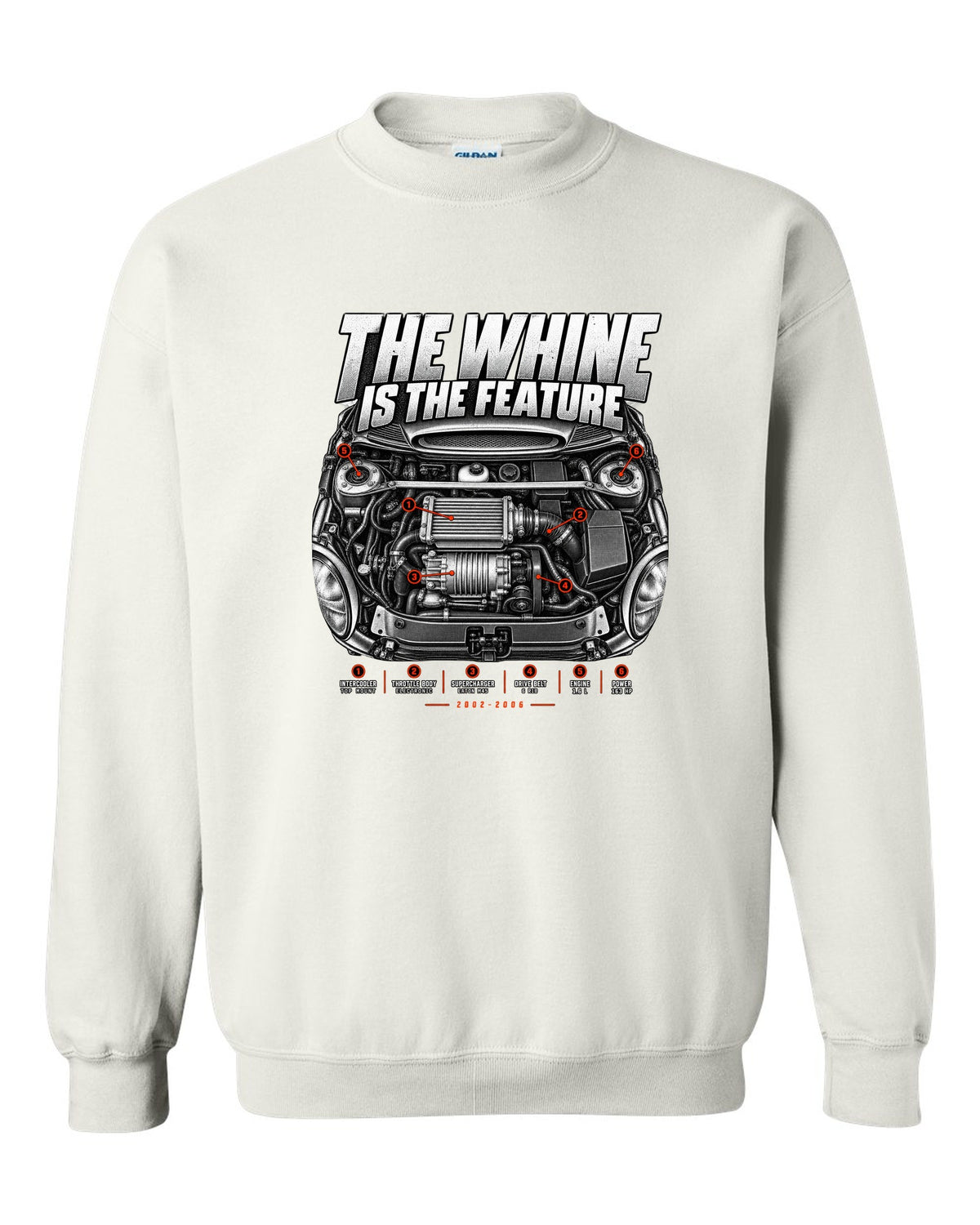 Mini Cooper S R53 engine bay print with supercharger callouts and whine text white crewneck front view with the design