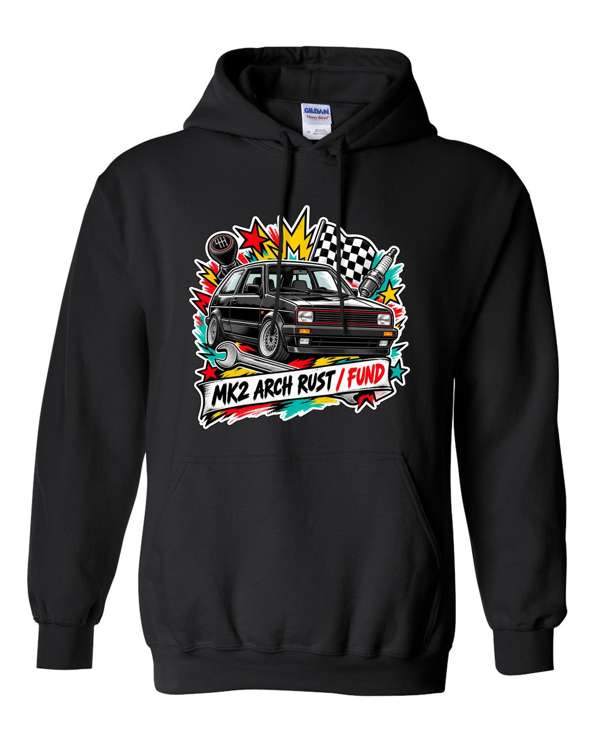 Sticker bomb collage print of a VW Golf Mk2 GTI with arch rust fund text black pull over hoodie front view with the design