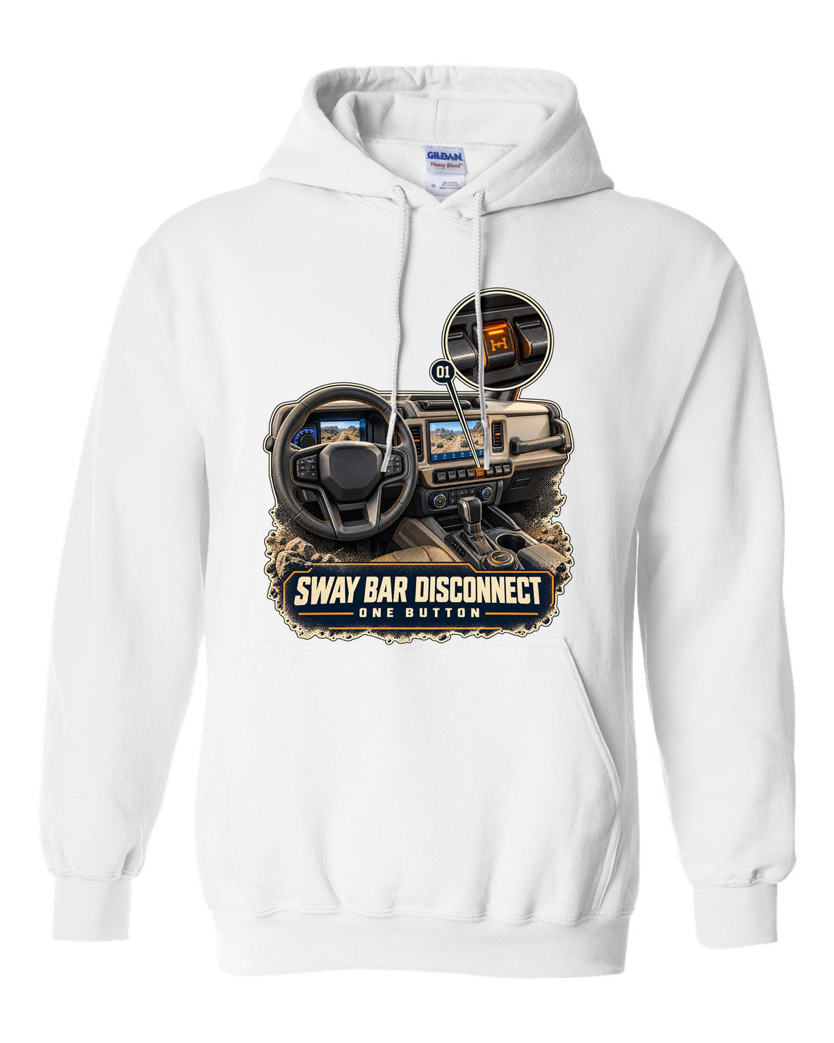 Ford Bronco Badlands dash with sway bar disconnect switch print white pull over hoodie front view with the design