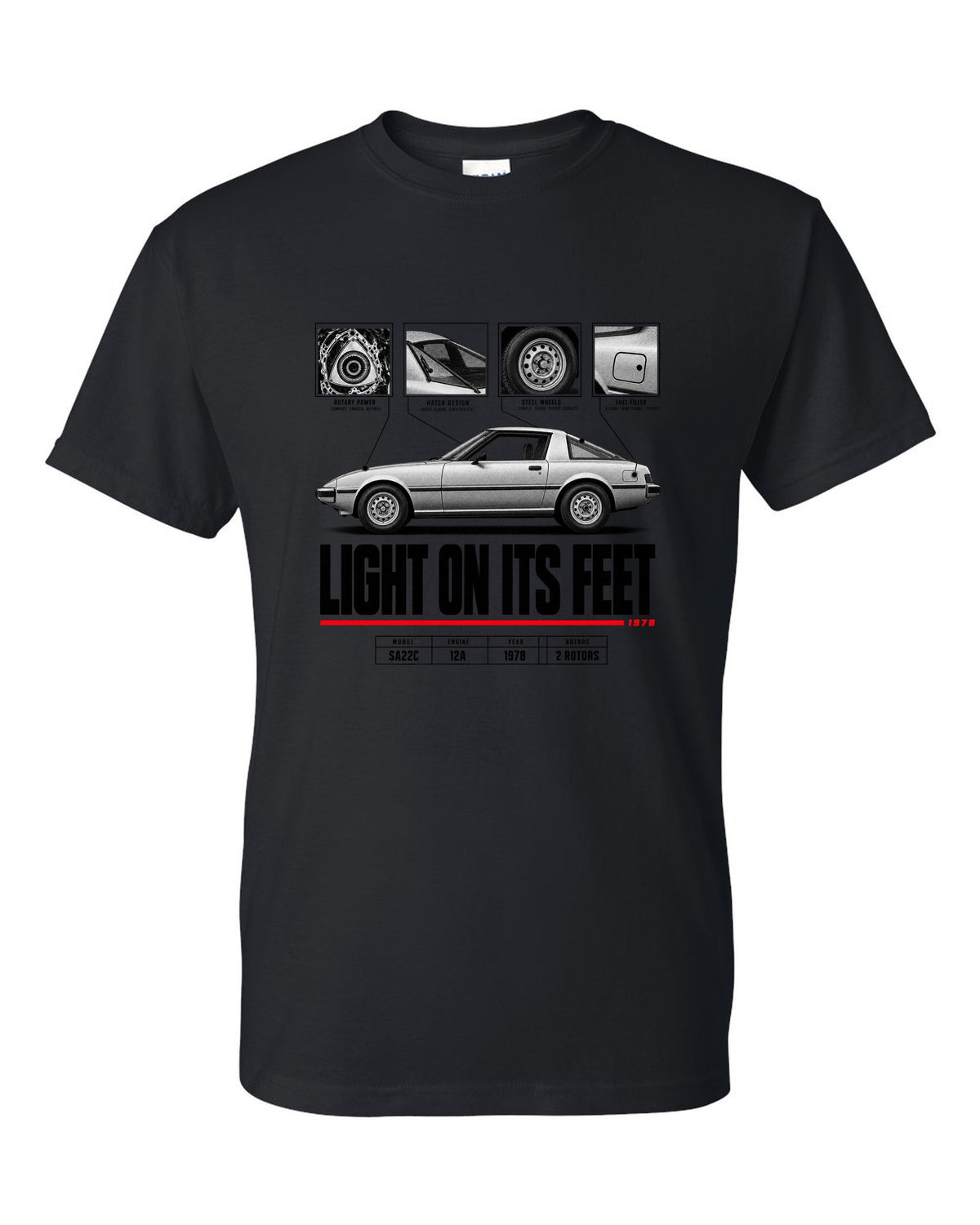 Spec poster print of a Mazda RX-7 SA22C Savanna with 12A lettering black t-shirt front view with the design